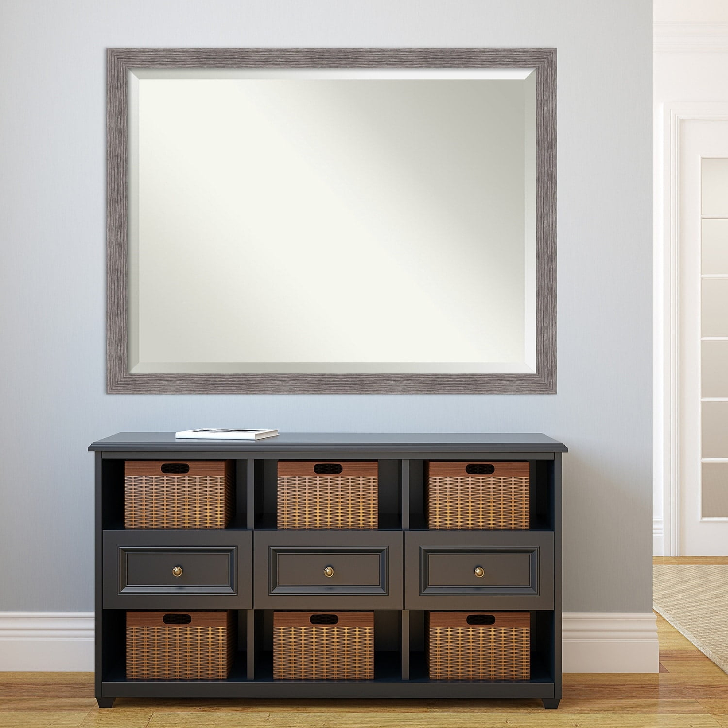 Amanti Art Beveled Bathroom Wall Mirror - Pinstripe Frame Pinstripe Plank Grey Narrow Outer Size: 43 x 33 in