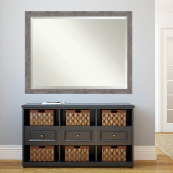 Amanti Art Beveled Bathroom Wall Mirror - Pinstripe Frame Pinstripe Plank Grey Narrow Outer Size: 43 x 33 in