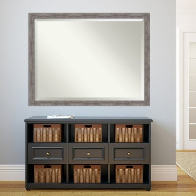 Amanti Art Beveled Bathroom Wall Mirror - Pinstripe Frame Pinstripe Plank Grey Narrow Outer Size: 43 x 33 in