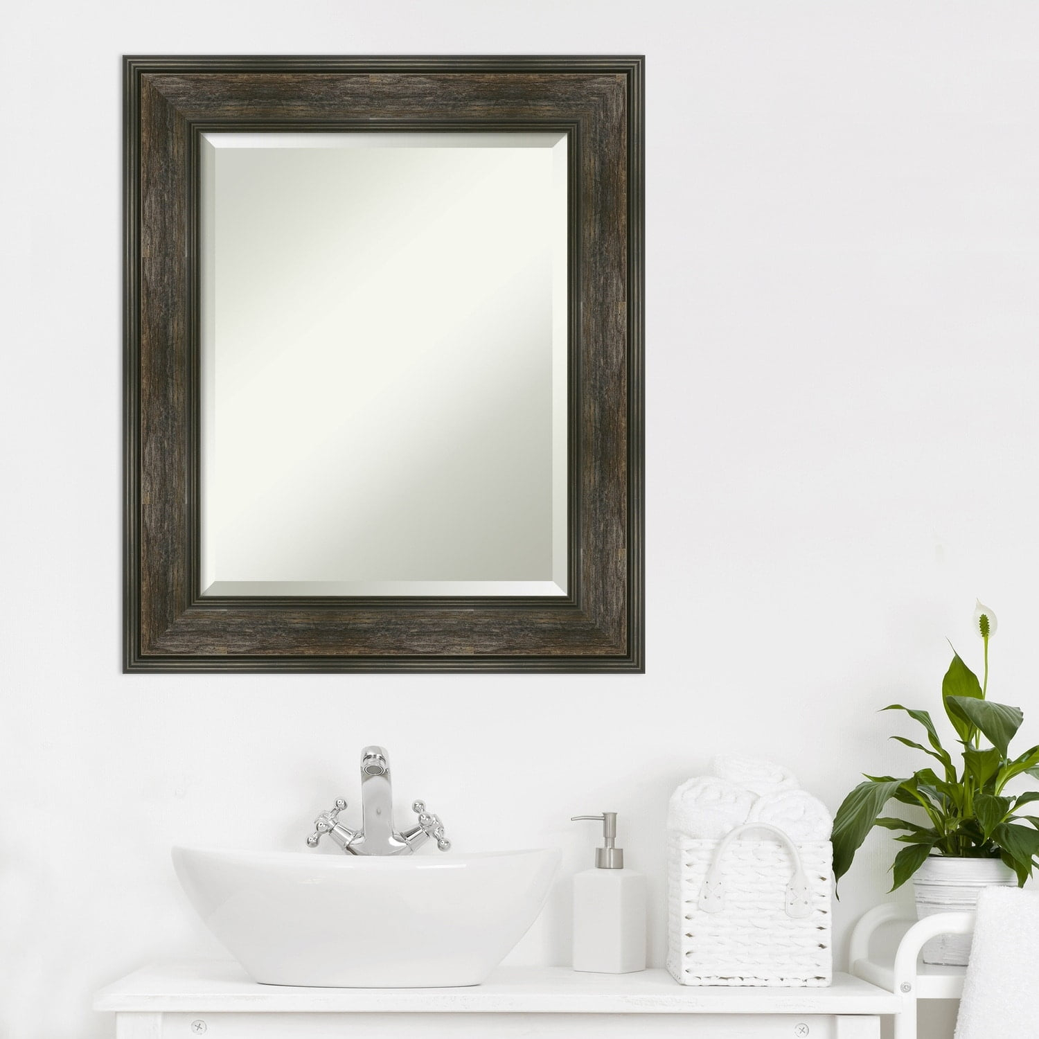 Amanti Art Beveled Bathroom Wall Mirror - Rail Rustic Char Frame - Rail Rustic Char Outer Size: 22 x 26 in