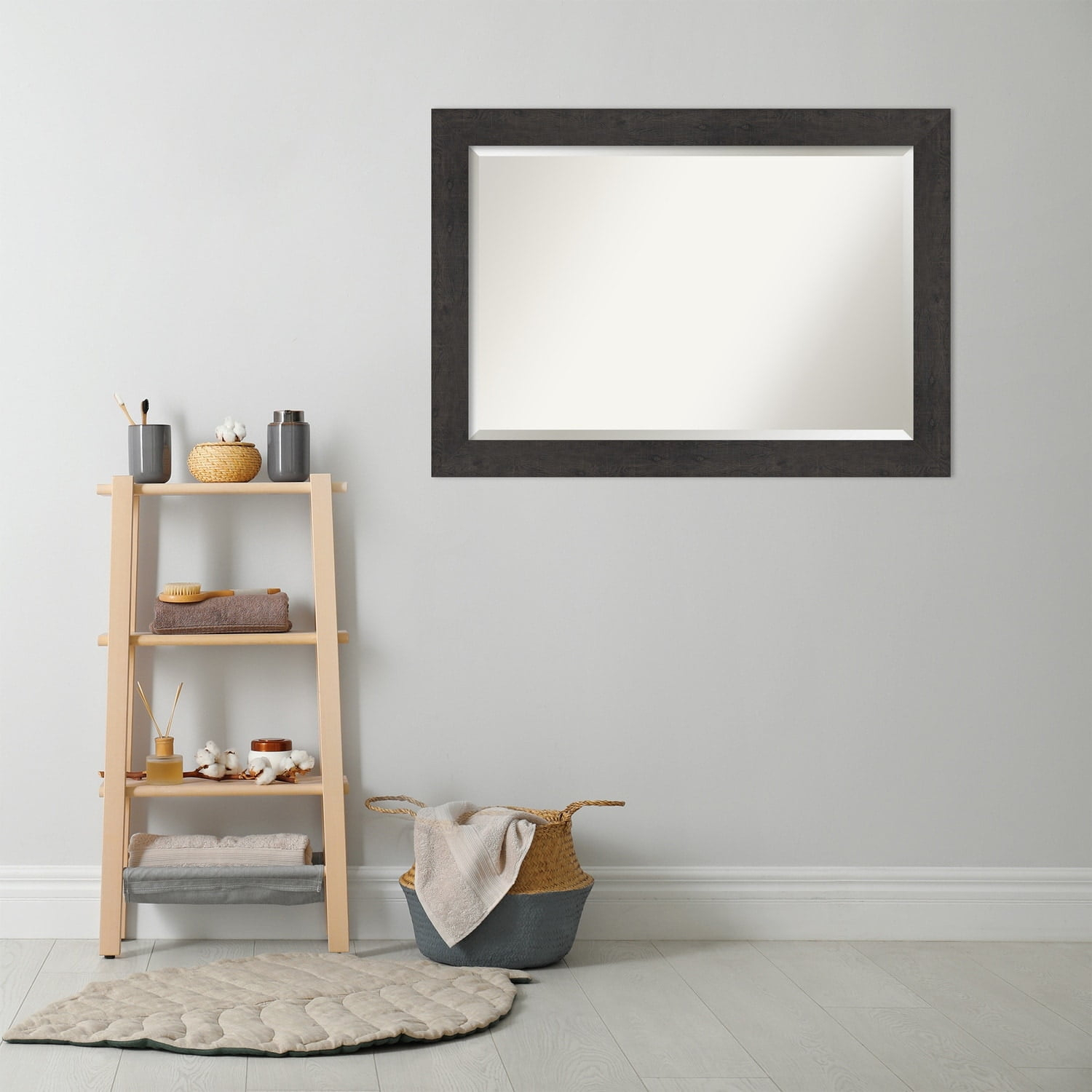 Amanti Art Beveled Bathroom Wall Mirror - Rustic Plank Espresso Frame Outer Size: 41 x 29 in