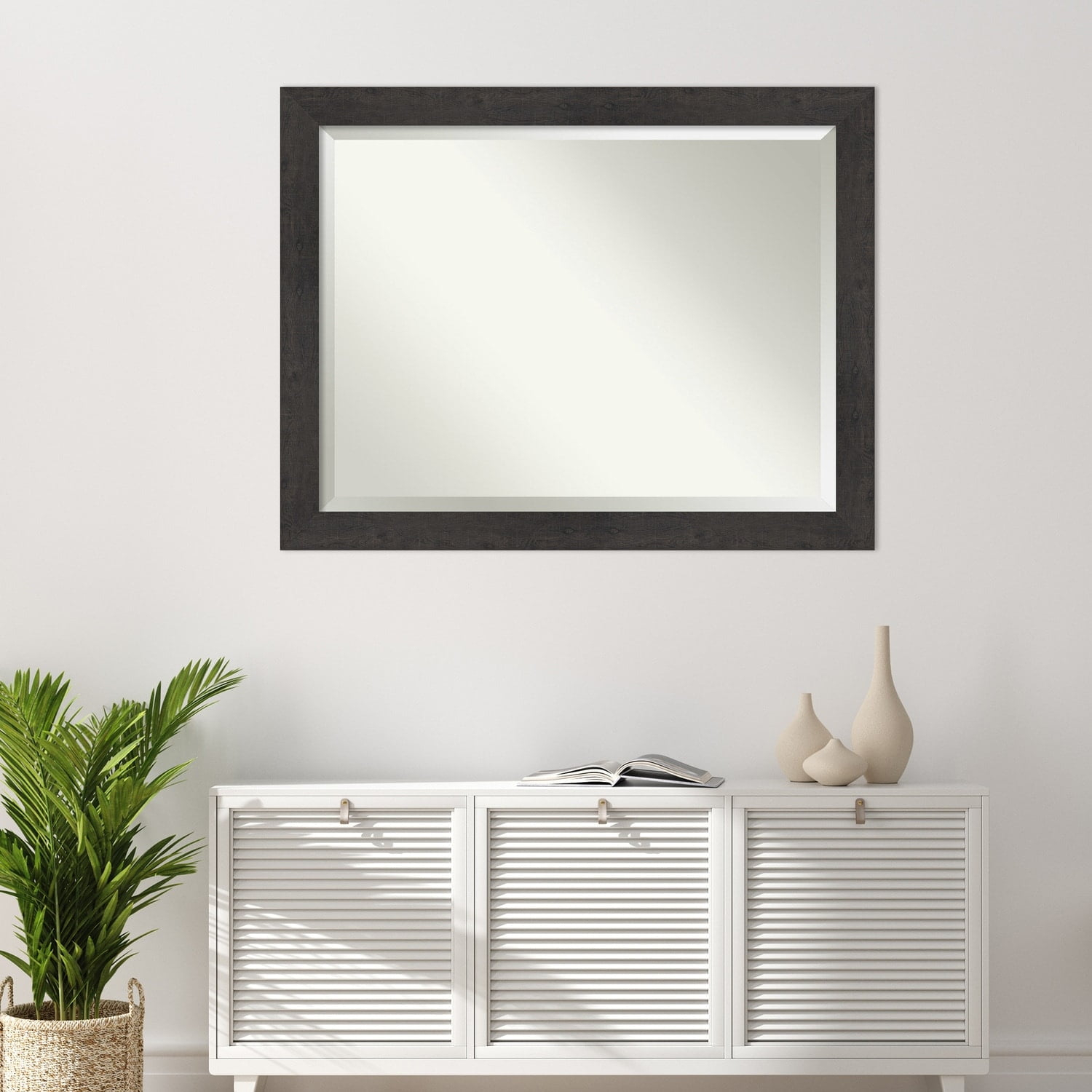 Amanti Art Beveled Bathroom Wall Mirror - Rustic Plank Espresso Frame Outer Size: 45 x 35 in