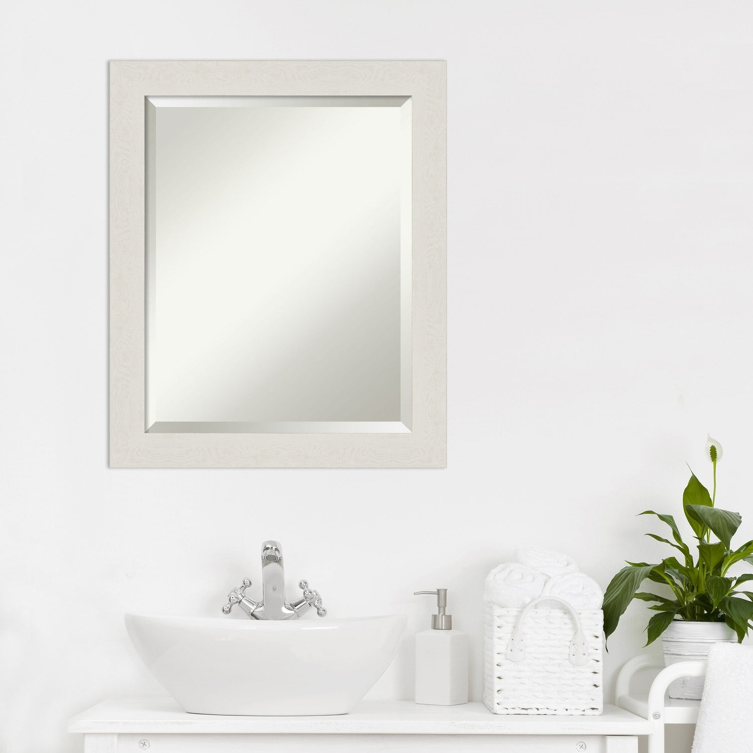 Amanti Art Beveled Bathroom Wall Mirror - Rustic Plank White Narrow Frame Outer Size: 19 x 23 in