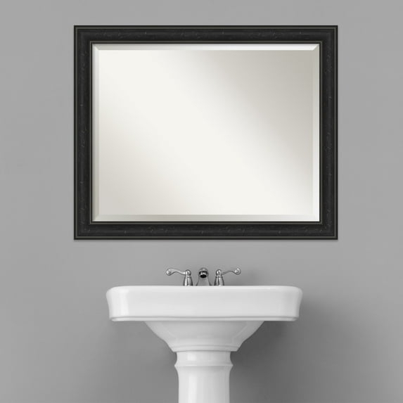 Amanti Art Beveled Bathroom Wall Mirror - Shipwreck Black Narrow Frame Outer Size: 32 x 26 in