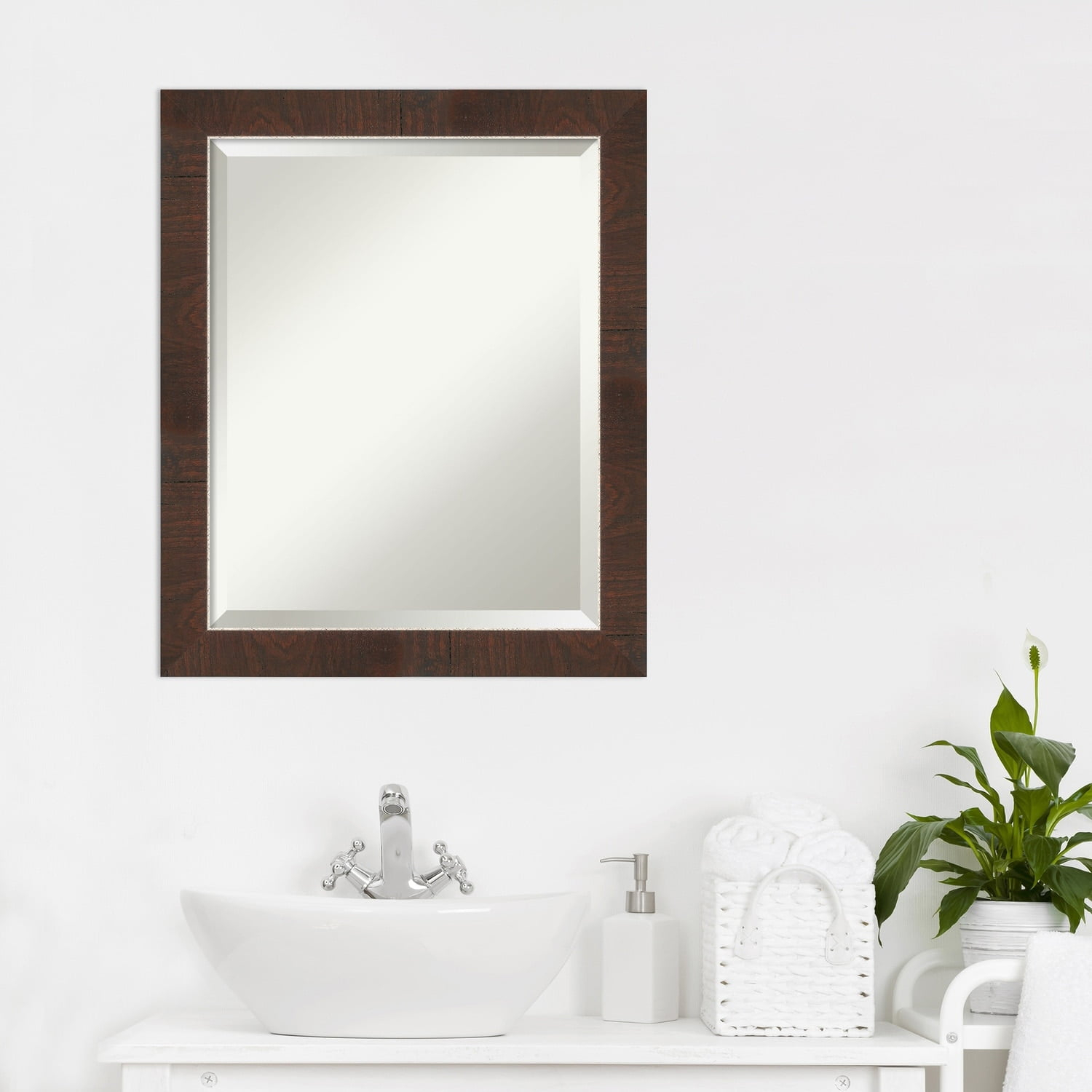 Amanti Art Beveled Bathroom Wall Mirror - Wildwood Brown Frame Wildwood Brown Narrow Outer Size: 19 x 23 in