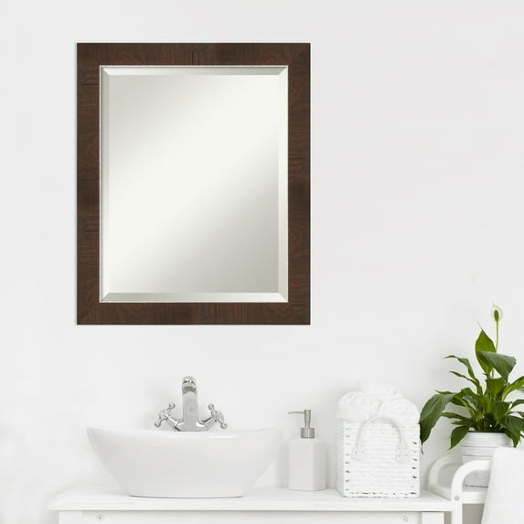 Amanti Art Beveled Bathroom Wall Mirror - Wildwood Brown Frame Wildwood Brown Narrow Outer Size: 19 x 23 in