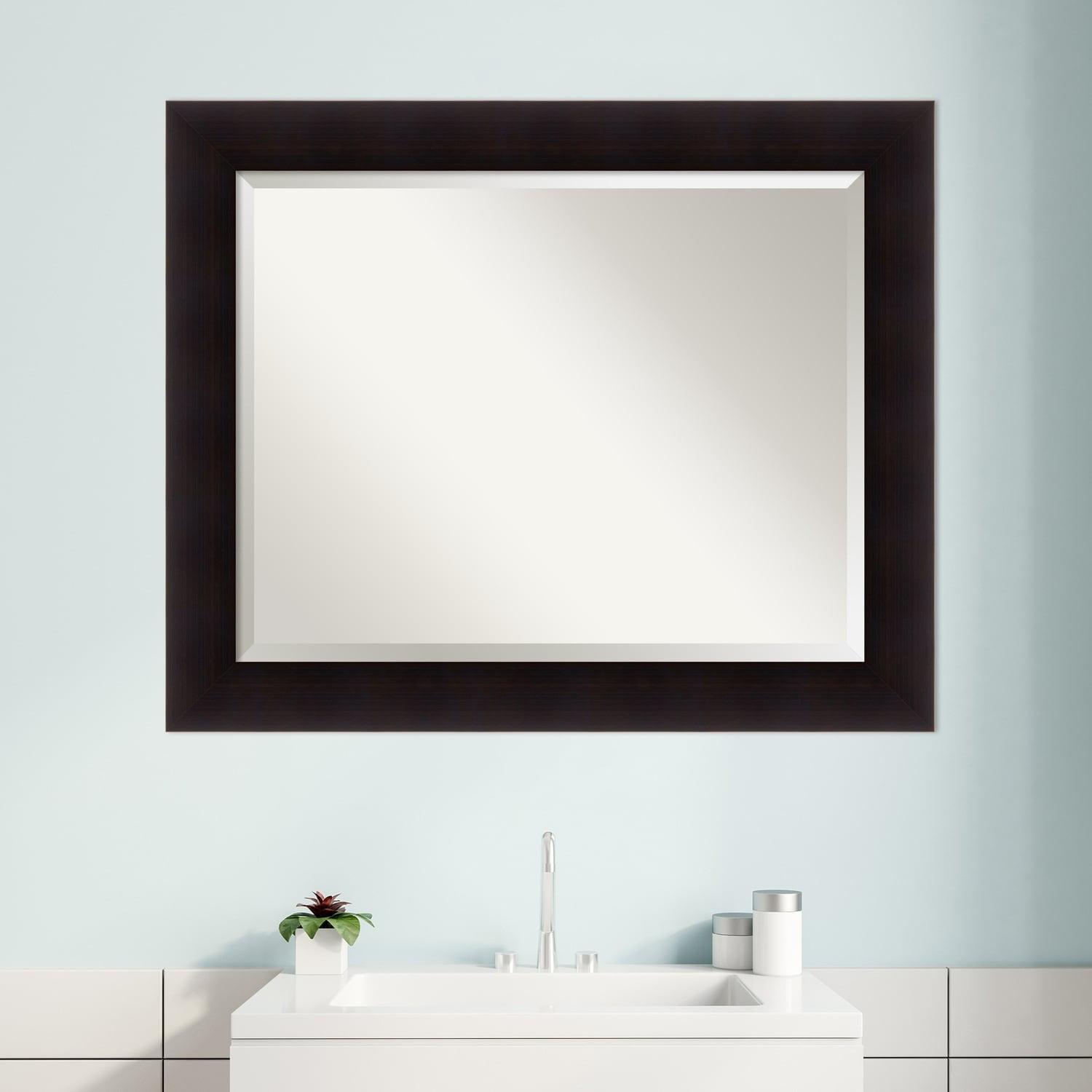 Amanti Art Beveled Wood Bathroom Wall Mirror - Portico Espresso Frame Outer Size: 34 x 28 in