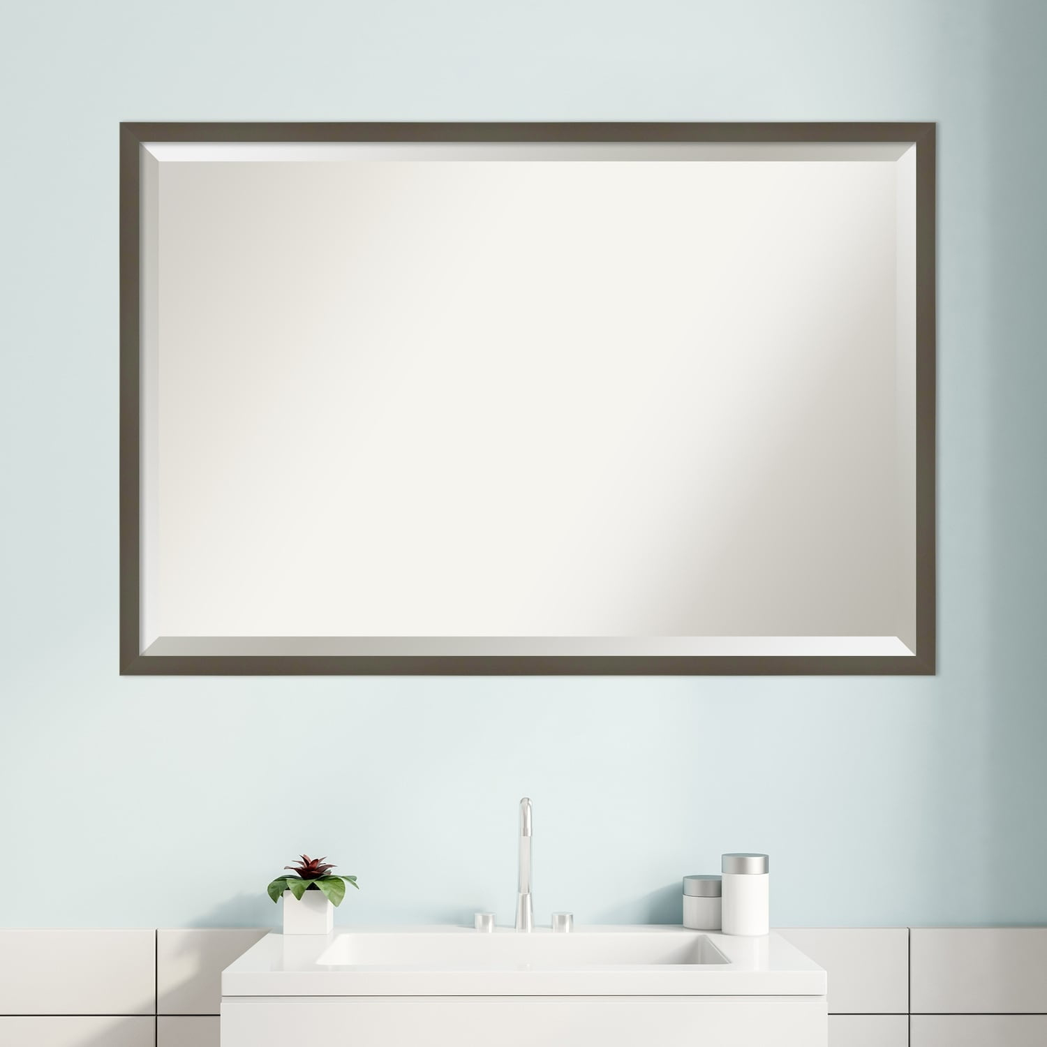 Amanti Art Beveled Wood Bathroom Wall Mirror - Svelte Frame Svelte Clay Grey Outer Size: 37 x 25 in Grey