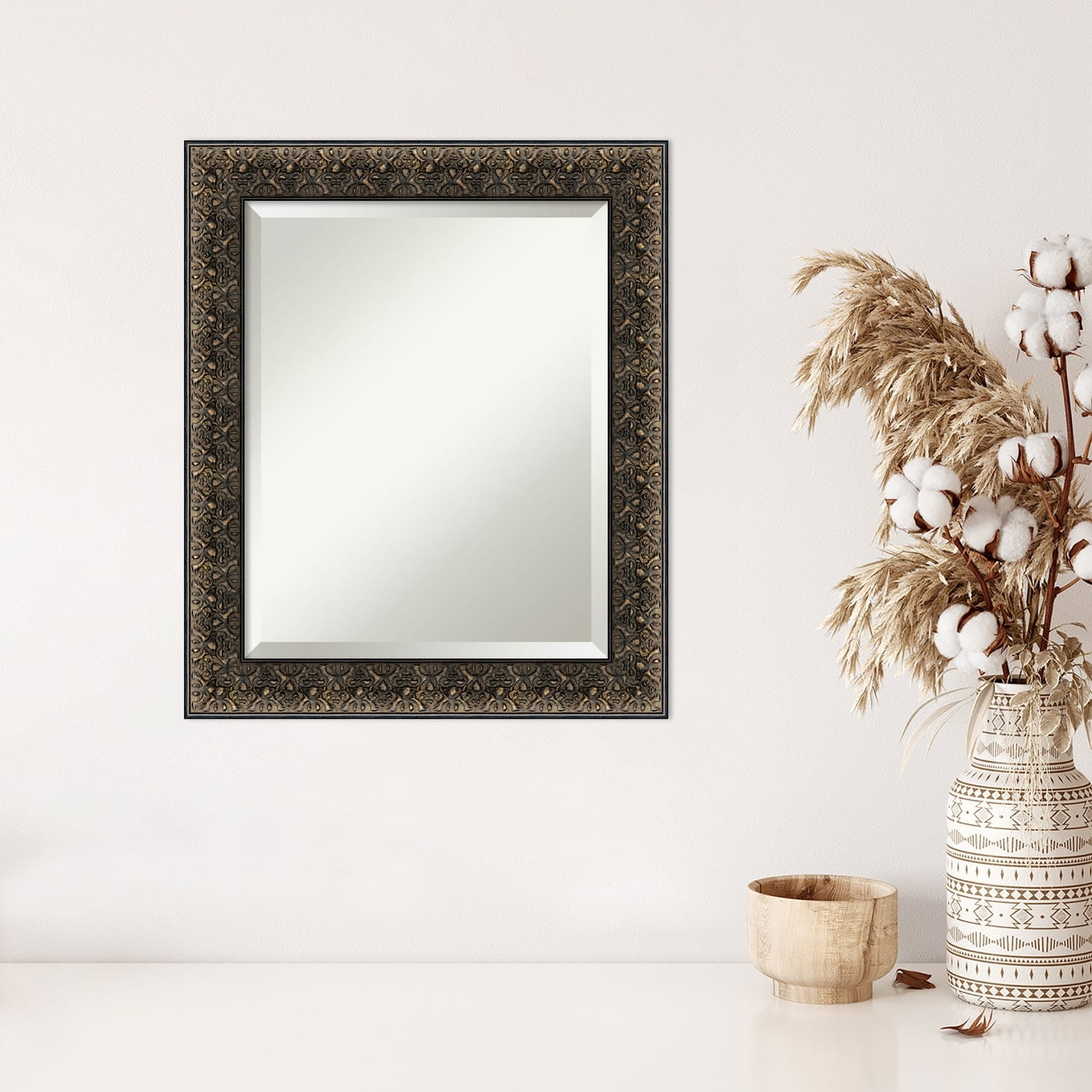 Amanti Art Beveled Wood Wall Mirror - Intaglio Embossed Black Frame - Outer Size: 21 x 25 in