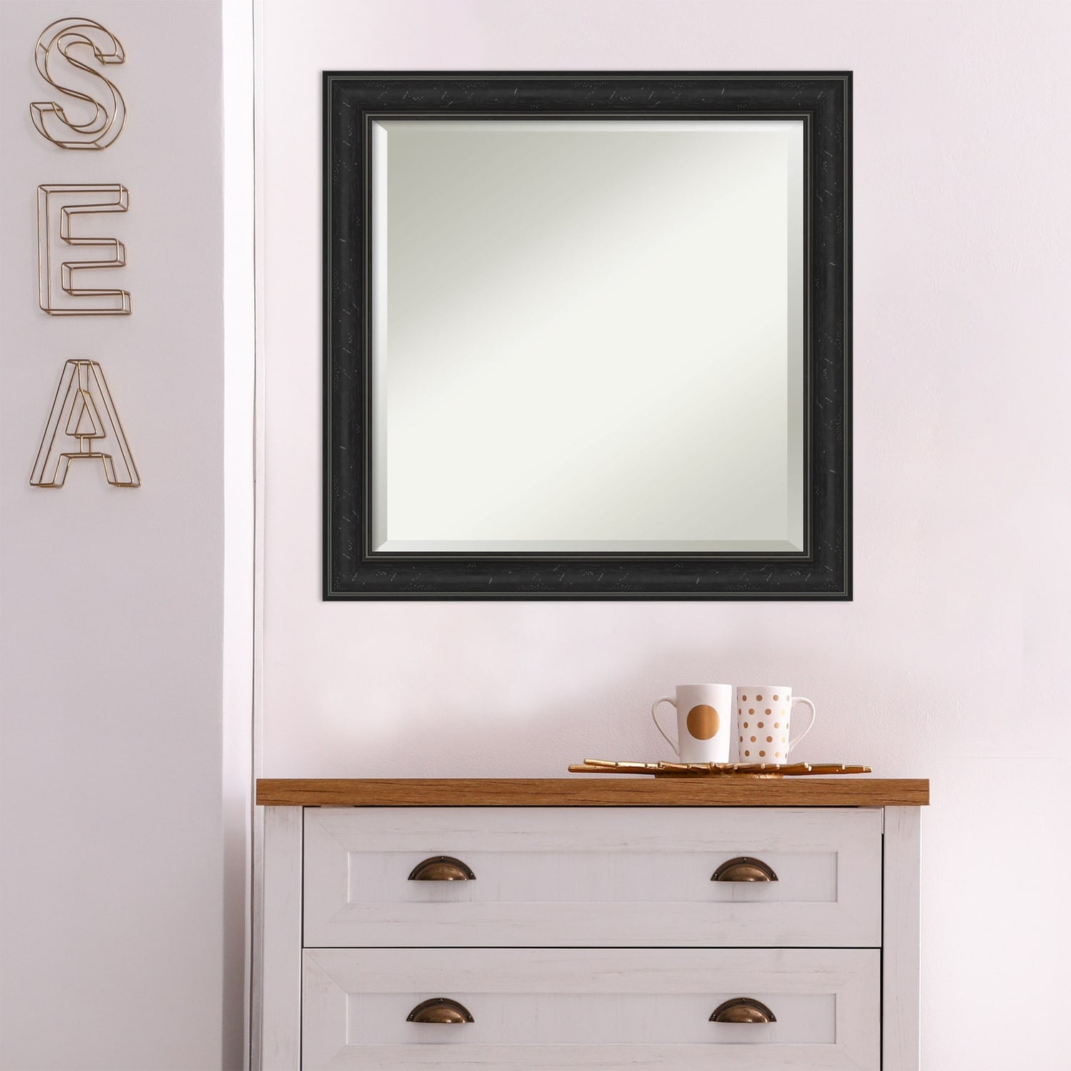 Amanti Art Beveled Bathroom Wall Mirror - Shipwreck Black Narrow Frame Outer Size: 24 x 24 in