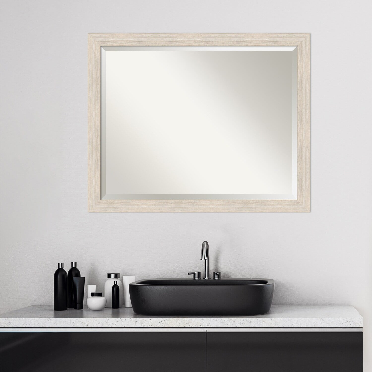 Amanti Art Beveled Wood Bathroom Wall Mirror - Hardwood Whitewash Narrow Frame - Hardwood White Wash Narrow Outer Size: 31 x 25 in