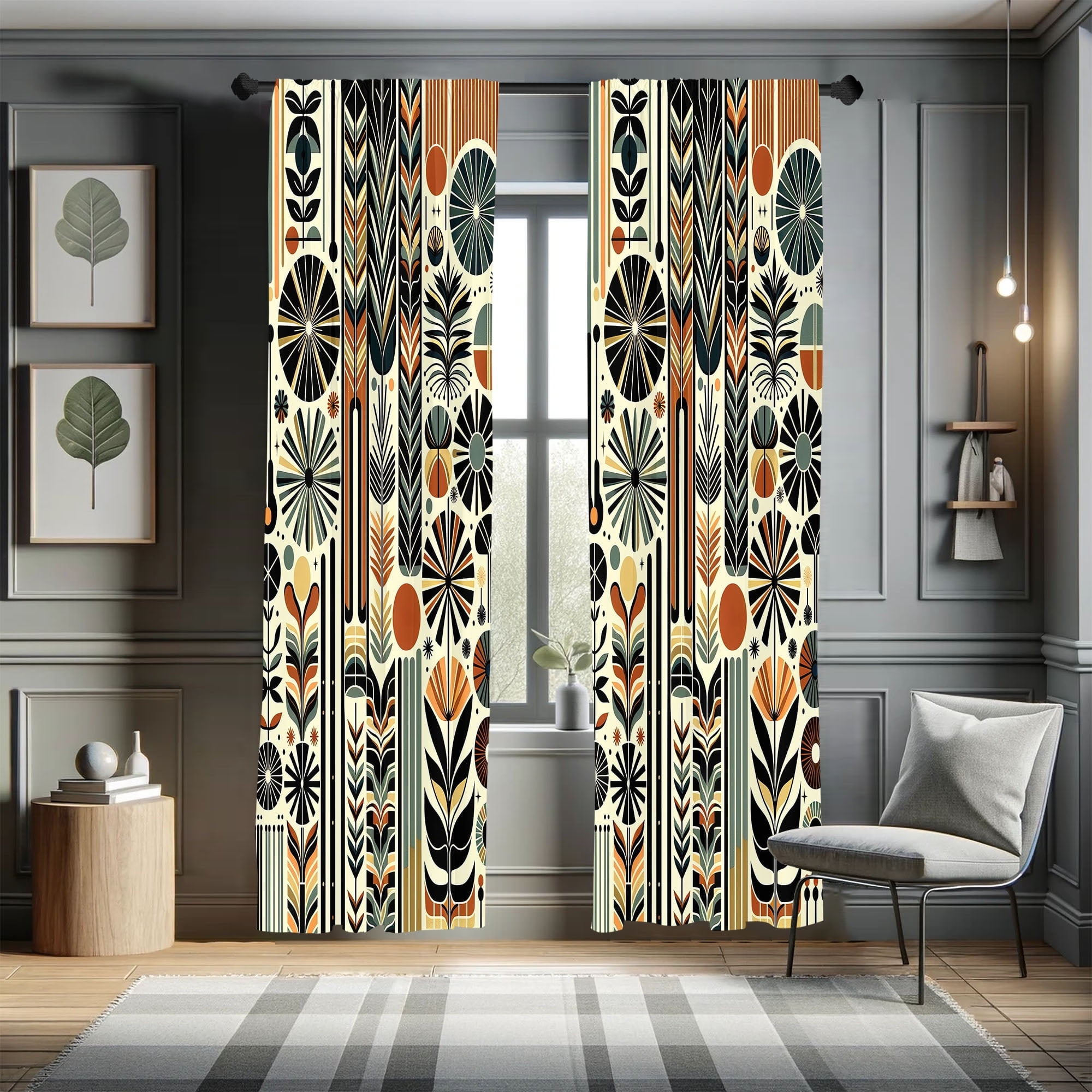 Ambesonne Bohemian Curtains 2 Panel Set, Retro Mid Century Abstract, Pair of - 28" x 95", Dark Orange and Reseda Green