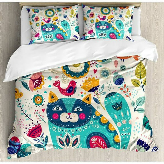 Cat Traditional Floral Duvet Cover Set