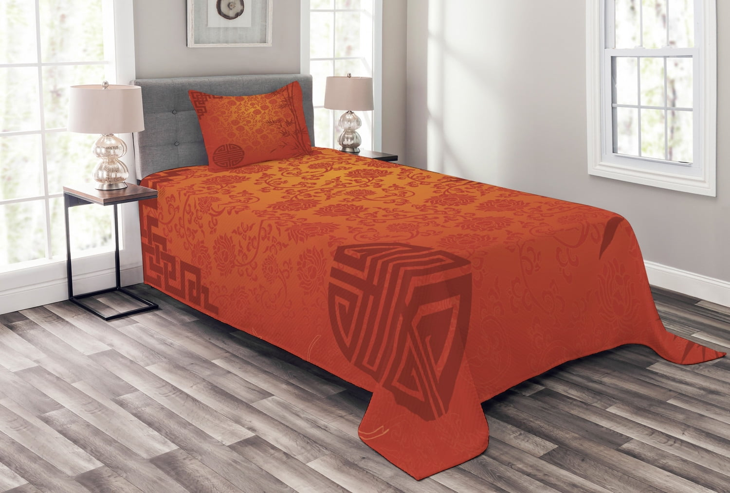 Ambesonne Chinese Bedspread Set Traditional Nature Art Pale Orange Burgundy