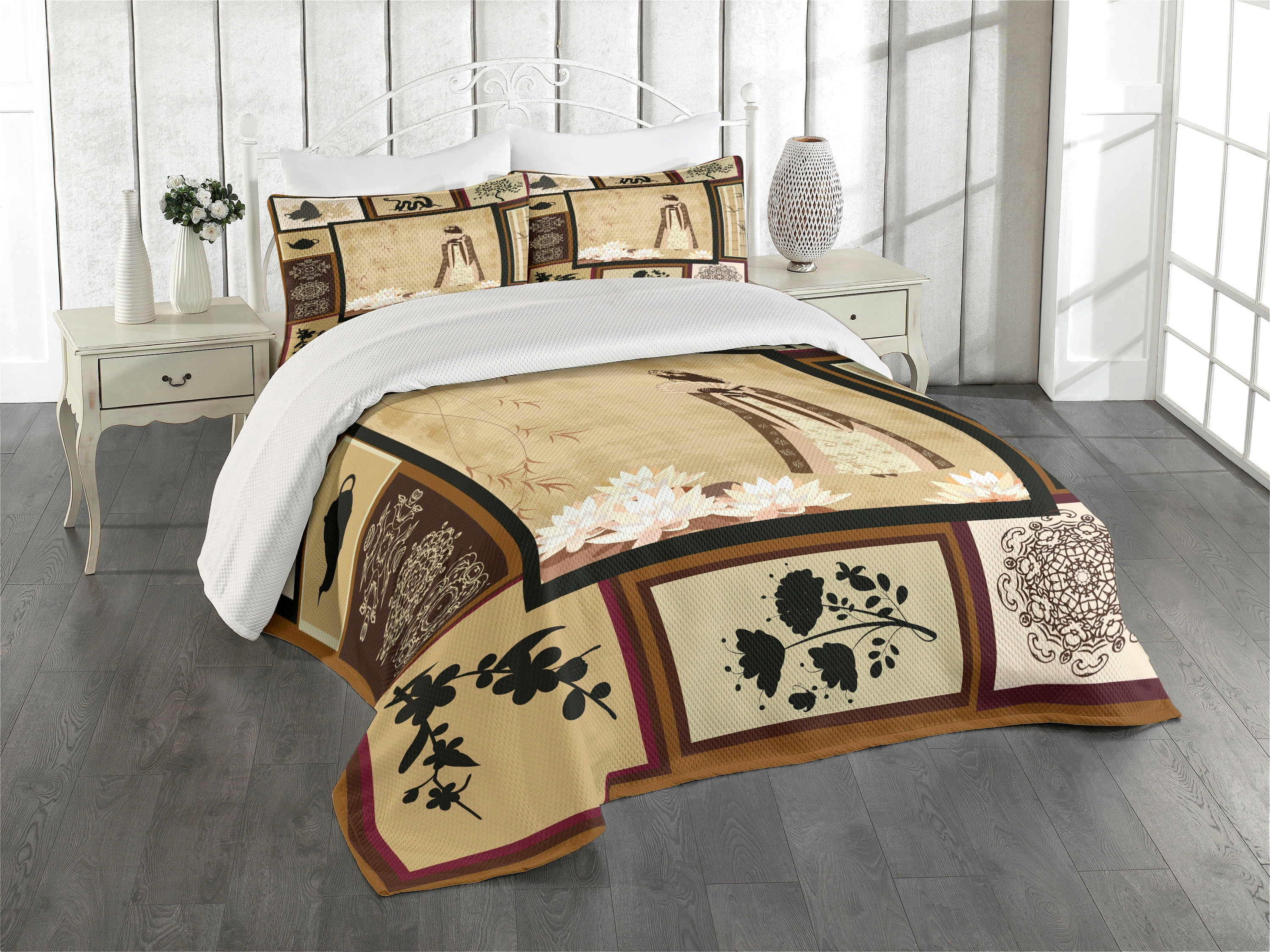 Ambesonne Eastern Quilted Coverlet 3 Pcs, Girl in Dress Cultural, King Size, Multicolor