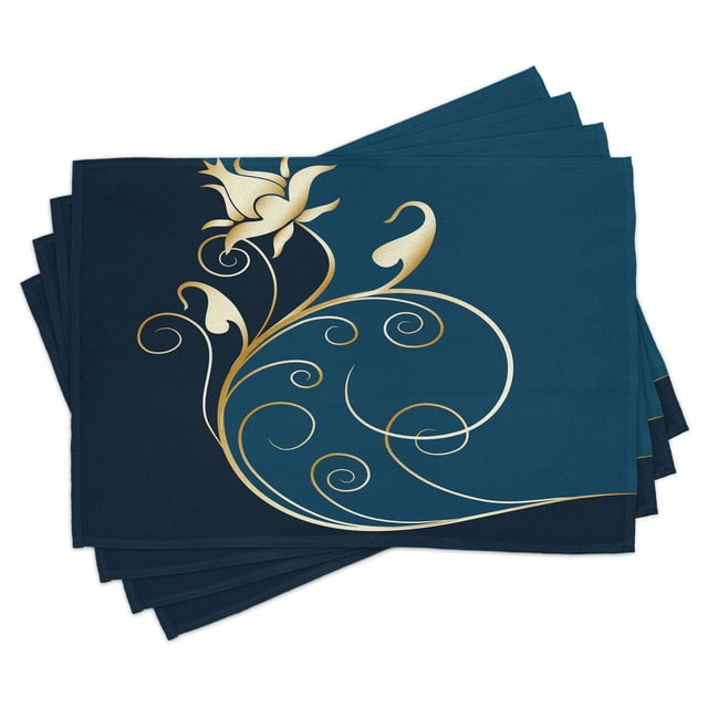 Ambesonne Floral Place Mats Set of 4, Swirled Flower Petals, Standard Size, Petrol Blue Dark Blue
