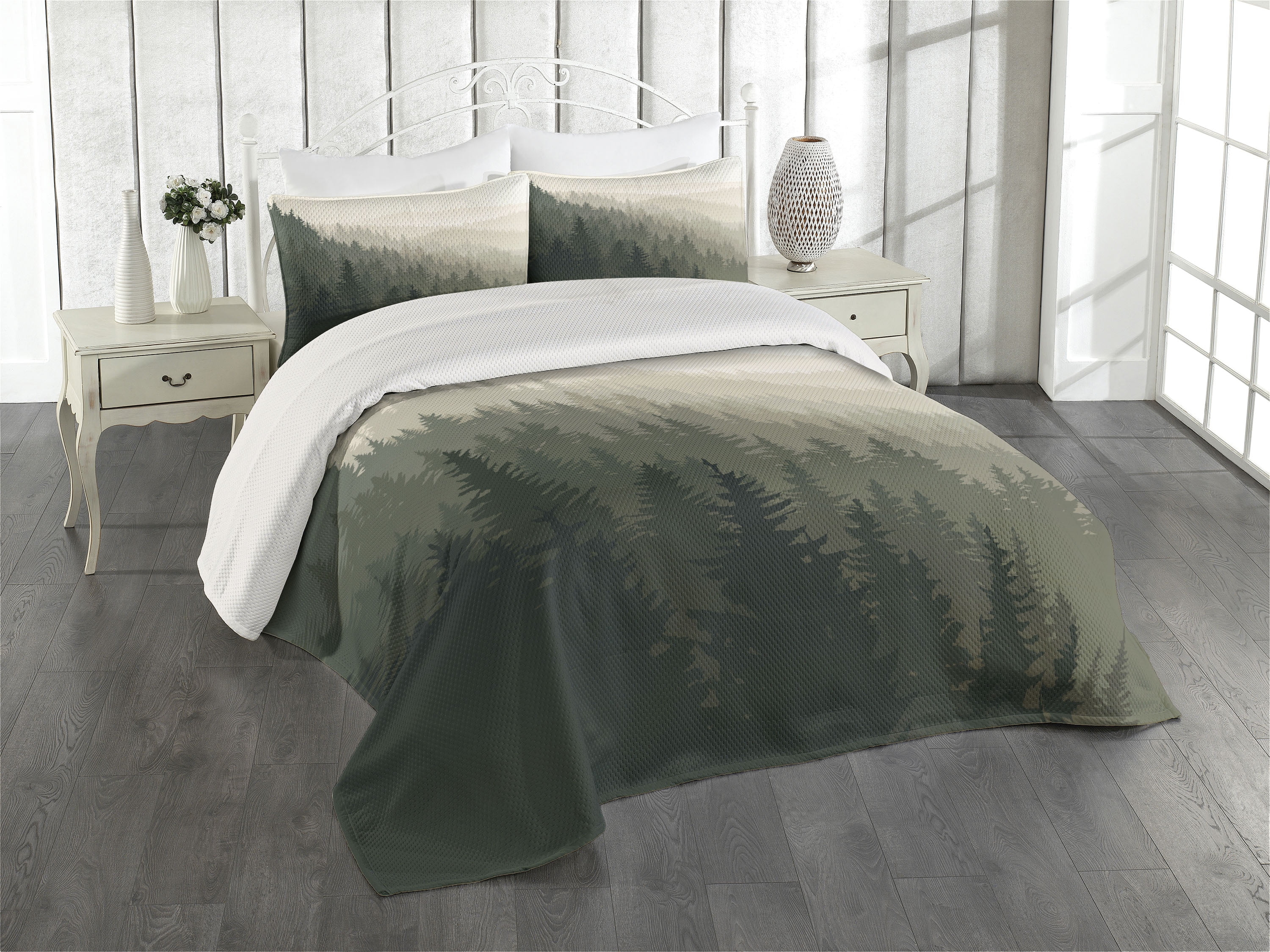 Ambesonne Forest Bedspread Set Scandinavian Nature Cream Tan Dark Green