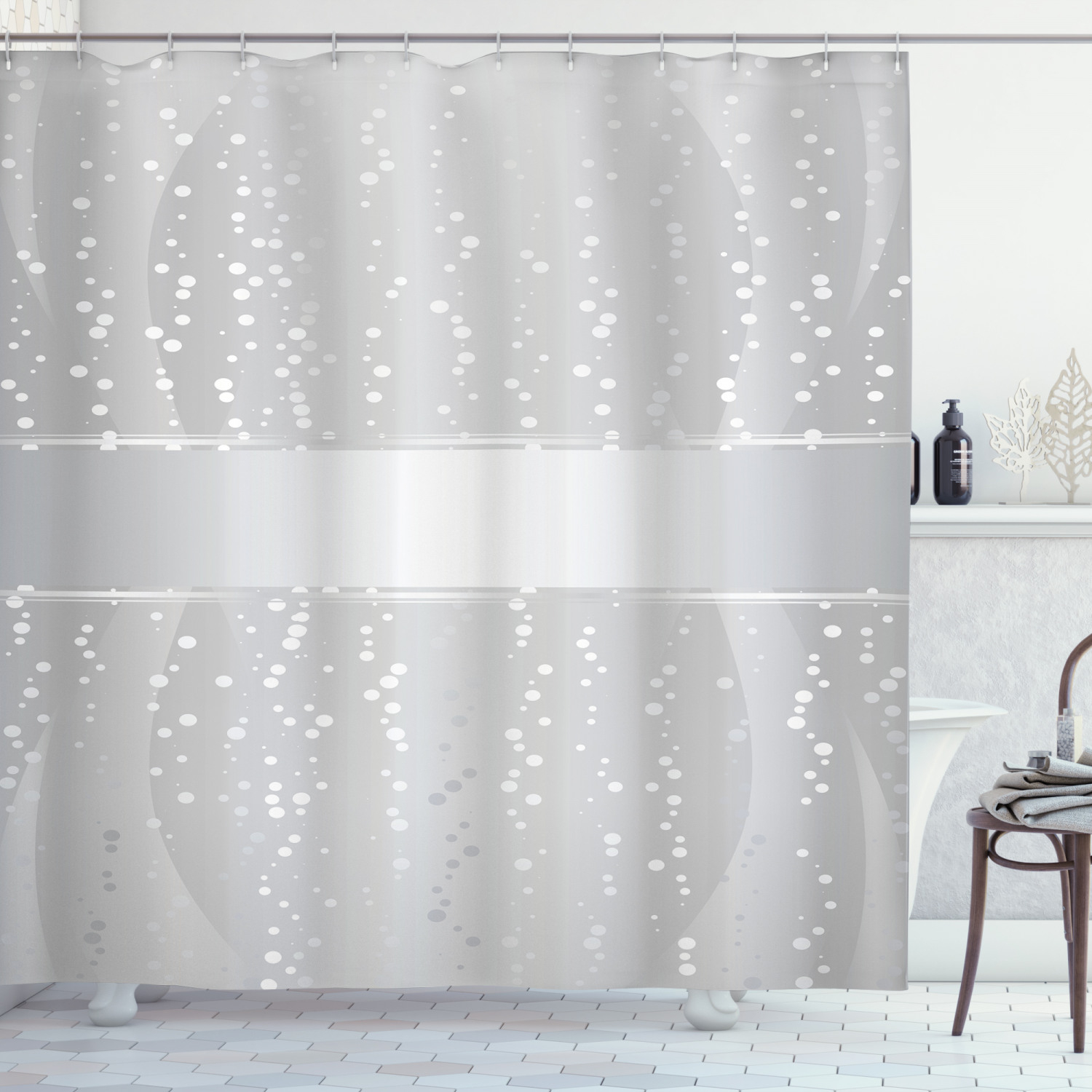 Ambesonne Grey Shower Curtain, Waves Dots Xmas, 69"Wx84"L, Grey White