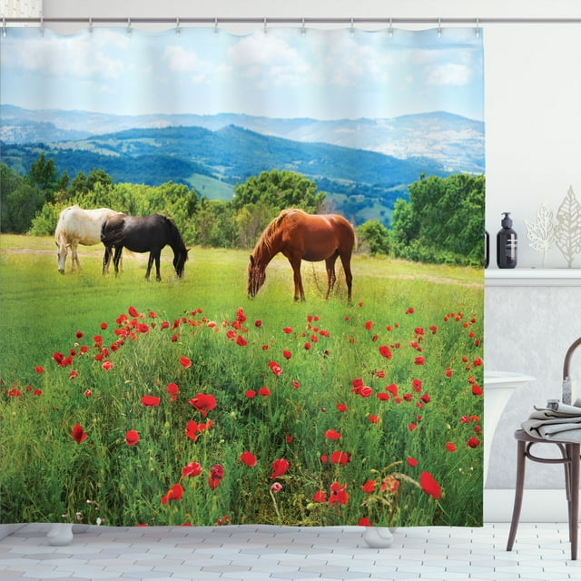 Ambesonne Horse Shower Curtain, Landscape Rural Scene, 69"Wx84"L, Multicolor