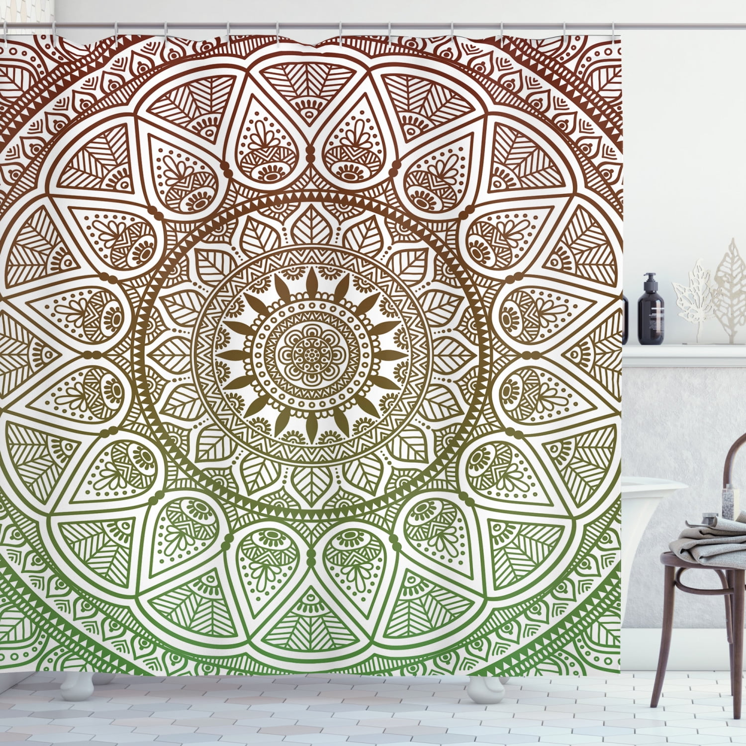 Ambesonne Medallion Shower Curtain, Ethnic Leafy Round Ornate, 69"Wx70"L, Burgundy and Green