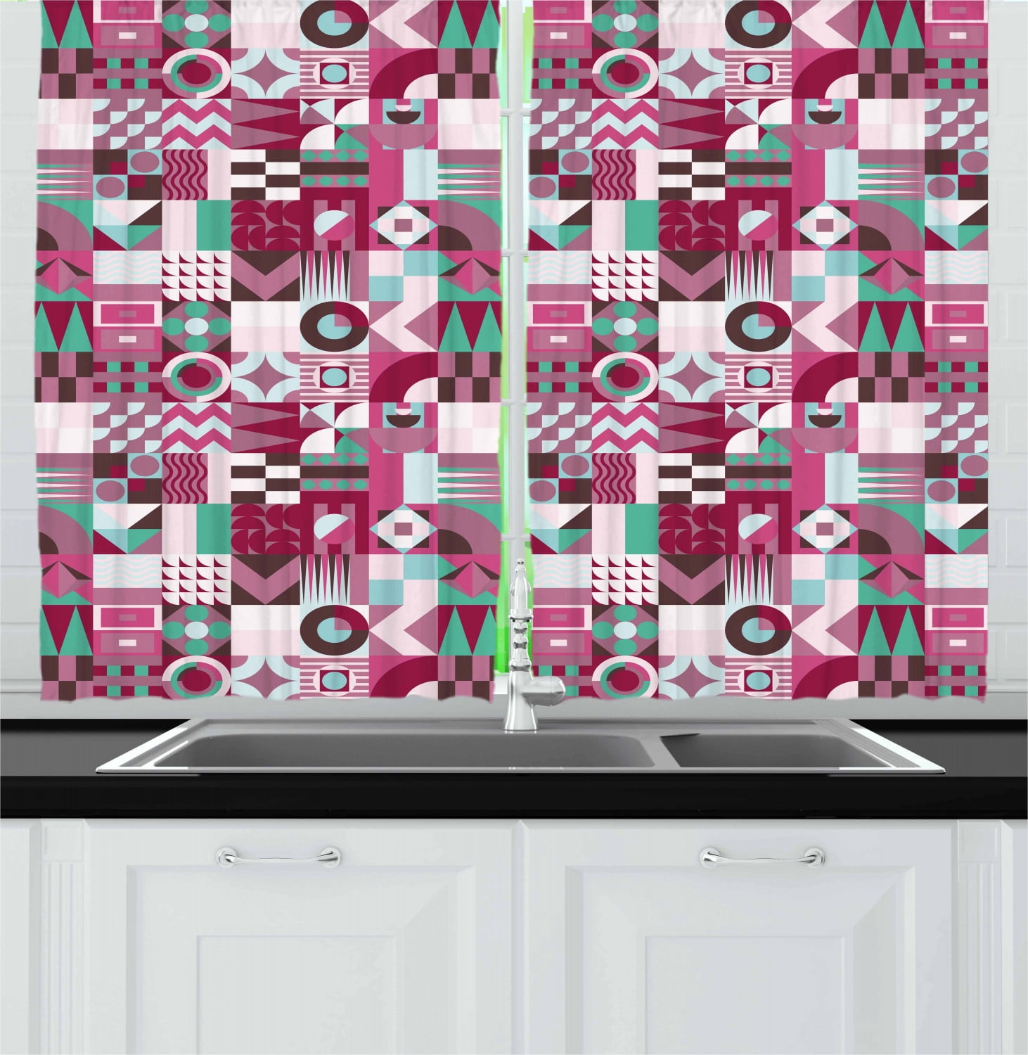 Ambesonne Geometric Tailored 55'' W Kitchen Curtain in (Set of 2)