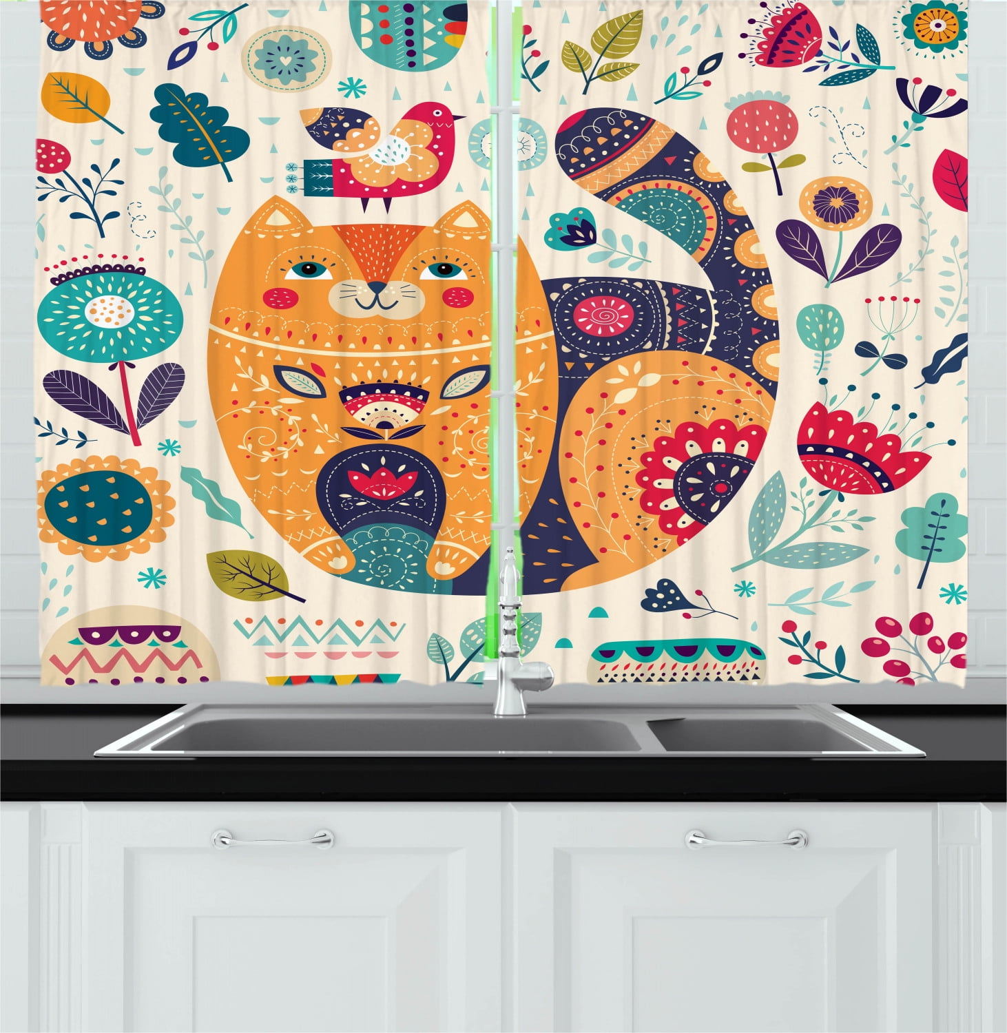 Ambesonne Paisley Kitchen Curtains, Cat and Flower Leaf, 55"x39", Multicolor