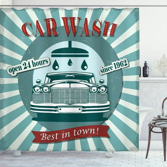 Ambesonne Retro Shower Curtain, Car Wash Sign Commercial, 69"Wx70"L, Red Teal