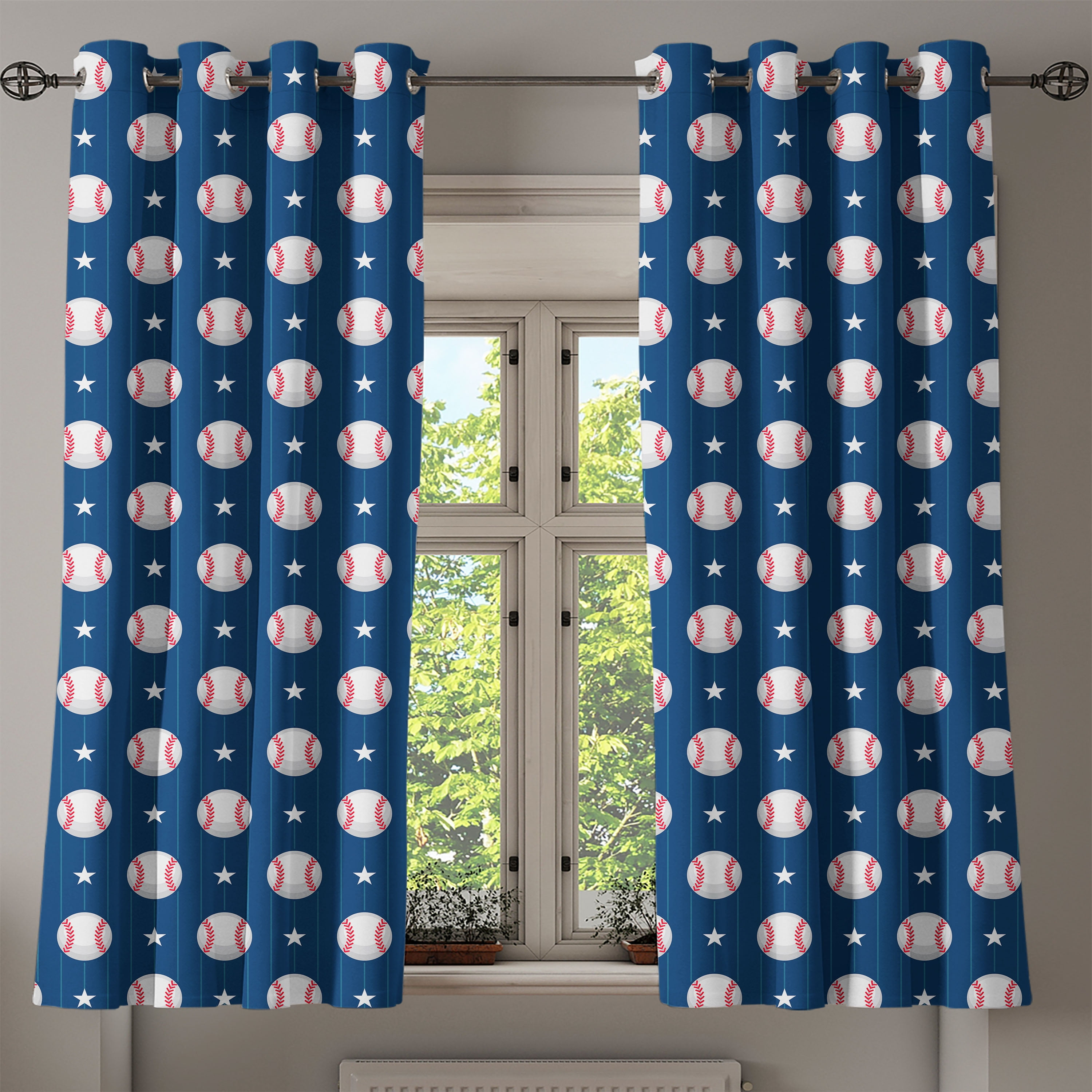 Ambesonne Sports Grommet Curtain, Baseball Stripes, 50" x 54", Night Blue Red White