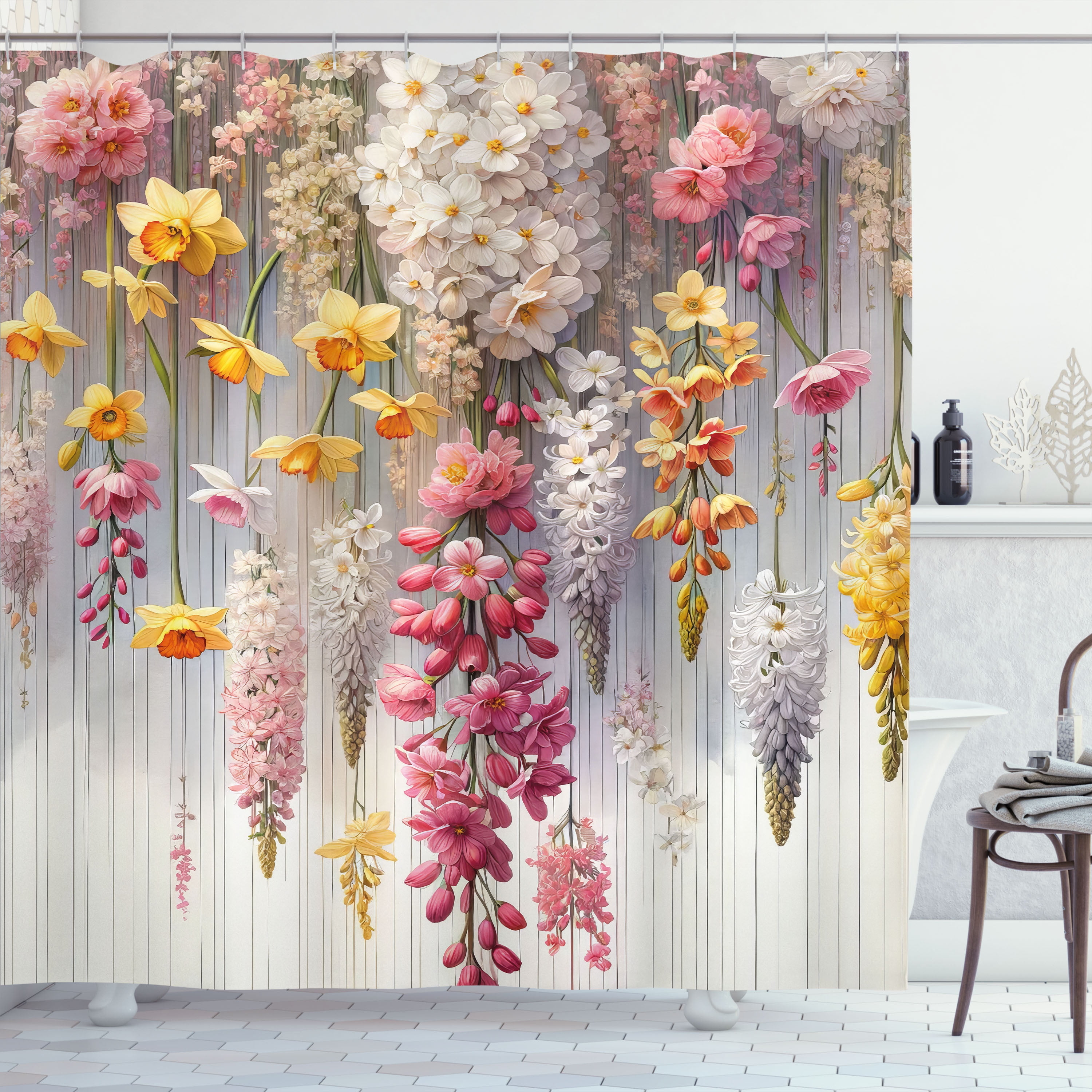 Ambesonne Spring Shower Curtain, Farmhouse Dreamy Lavenders, 69"Wx70"L, Mustard Dried Rose Pearl