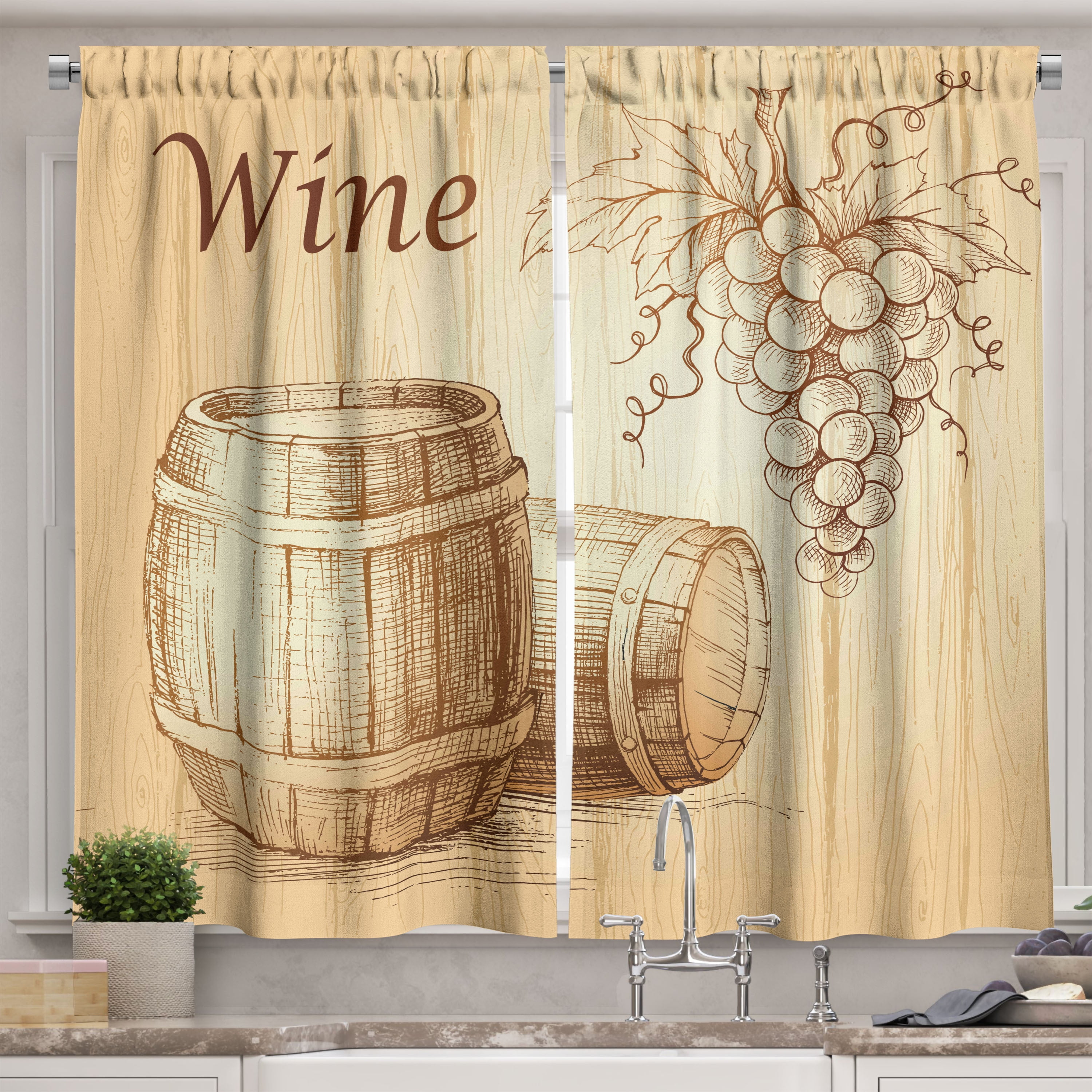 Ambesonne Wine Kitchen Curtains, Bunch of Grapes, 55"x39", Brown Peach