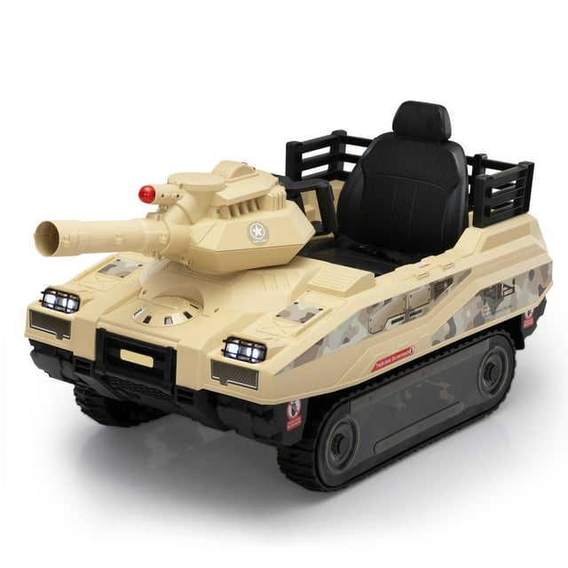 Jaxpety 24 V Kids Ride on Tank Car with Working Cannon and Rotating Turret for Boys and Girls Ages 3-8 Years, Yellow