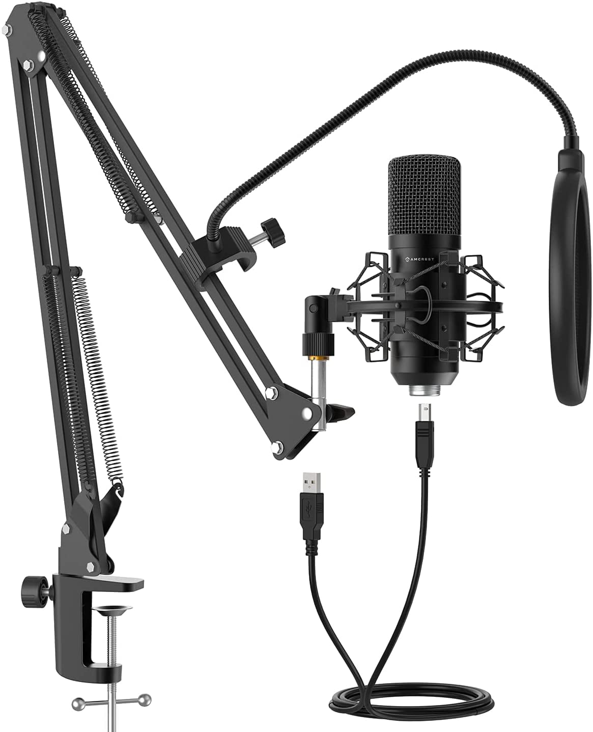 Amcrest USB Microphone for Voice Recordings, Podcasts, Gaming, Online Conferences, Live Streaming, Cardioid Microphone with Boom Arm, Pop-Filter, Shock Mount, AM430-BPS