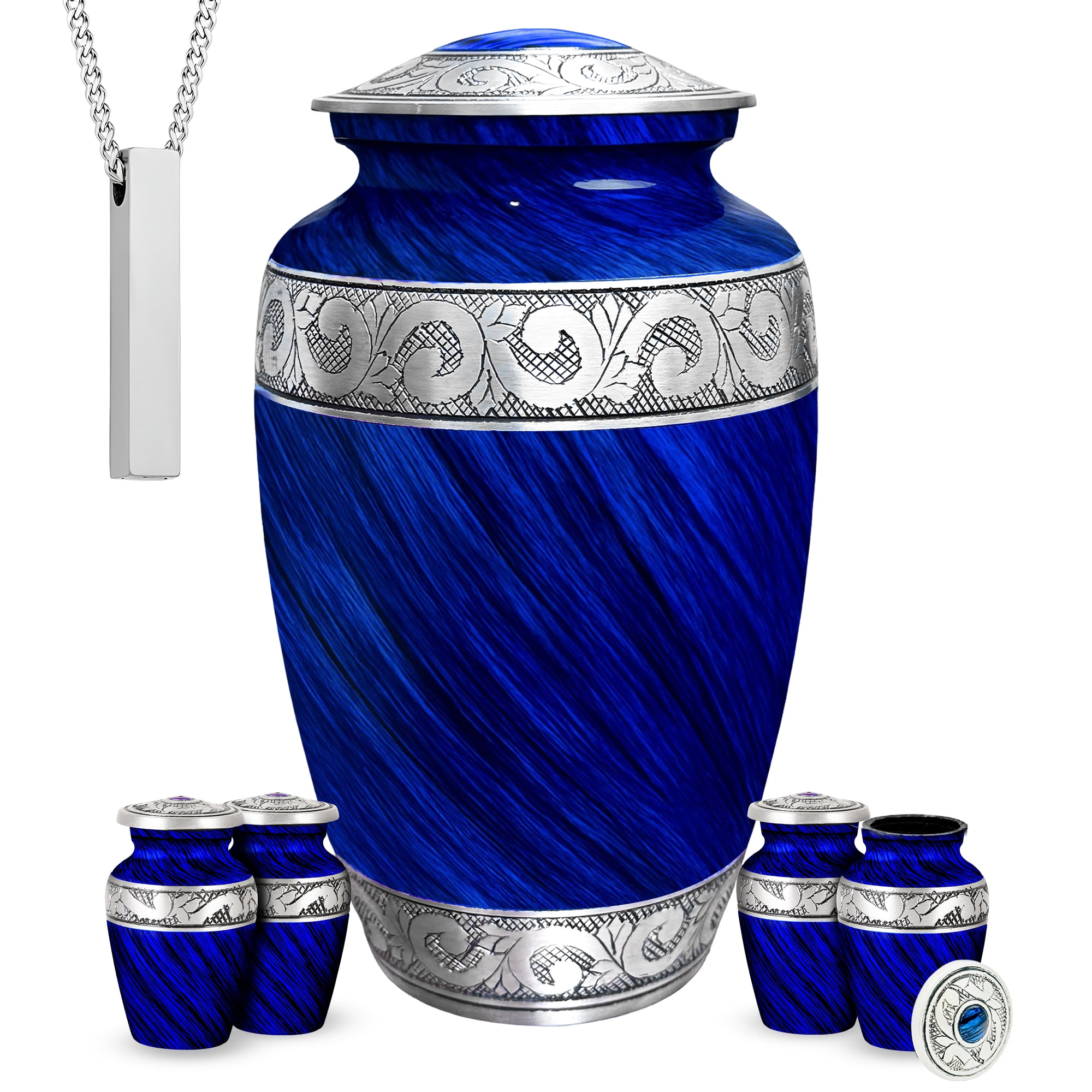 AmericUrn Set of 6 Urn for Ashes Adult Male with 1 Large Blue Urn 4 Small Keepsakes & 1 NecklaceUrn