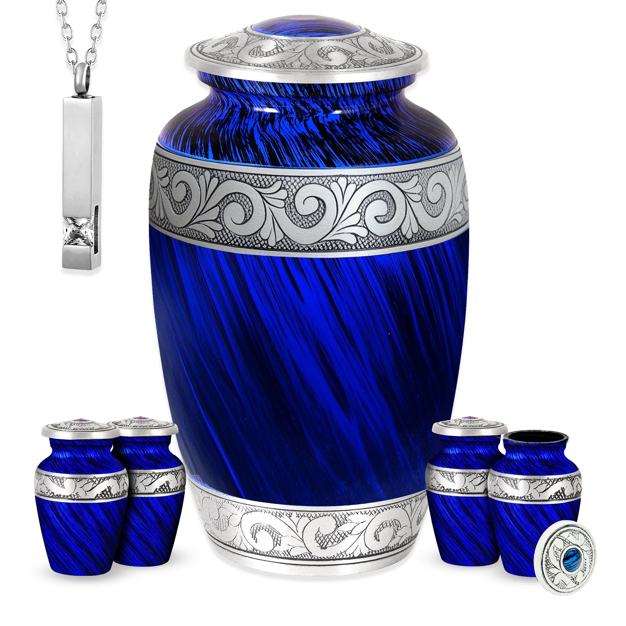 AmericUrn Set of 6 Urn for Ashes Adult Male with 1 Large Blue Urn 4 Small Keepsakes & 1 NecklaceUrn