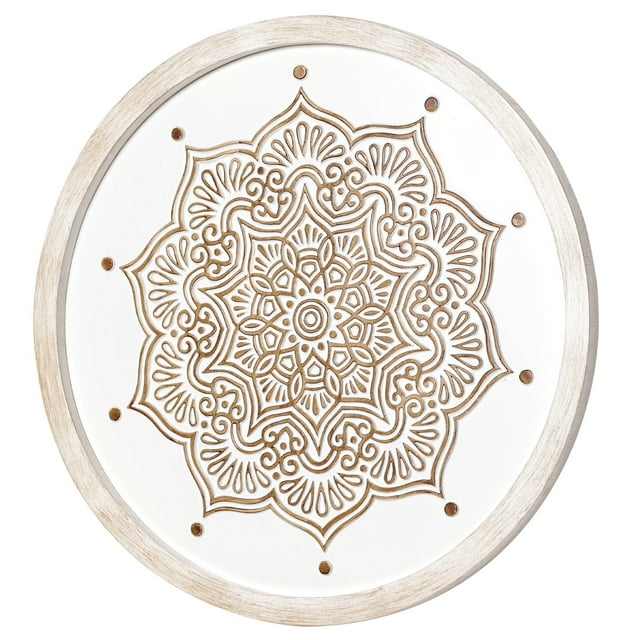 American Art Decor Boho Farmhouse Wood Framed Wall Medallion - White, Brown 17"