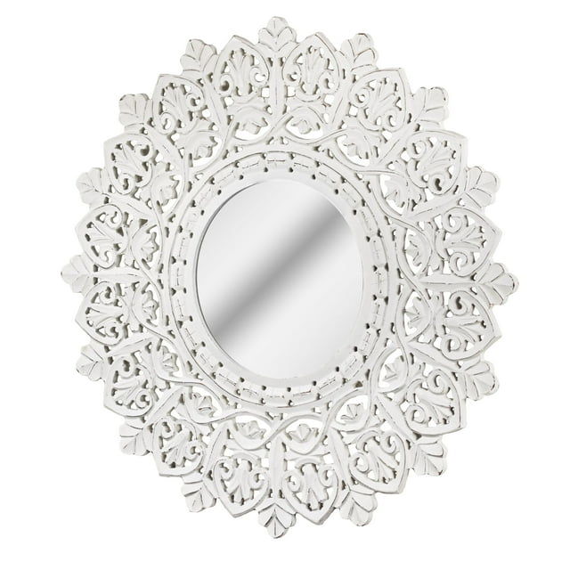 American Art Decor Hand-Carved Wood Medallion Sunburst Accent Mirror – White (31")