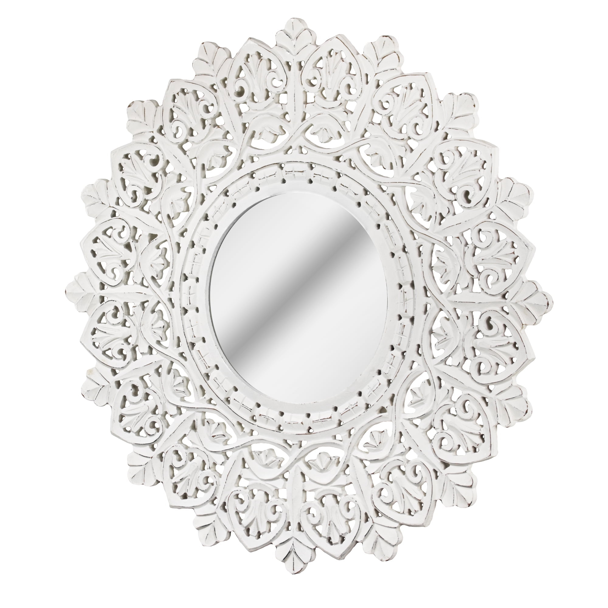 American Art Decor Hand-Carved Wood Medallion Sunburst Accent Mirror – White (31")