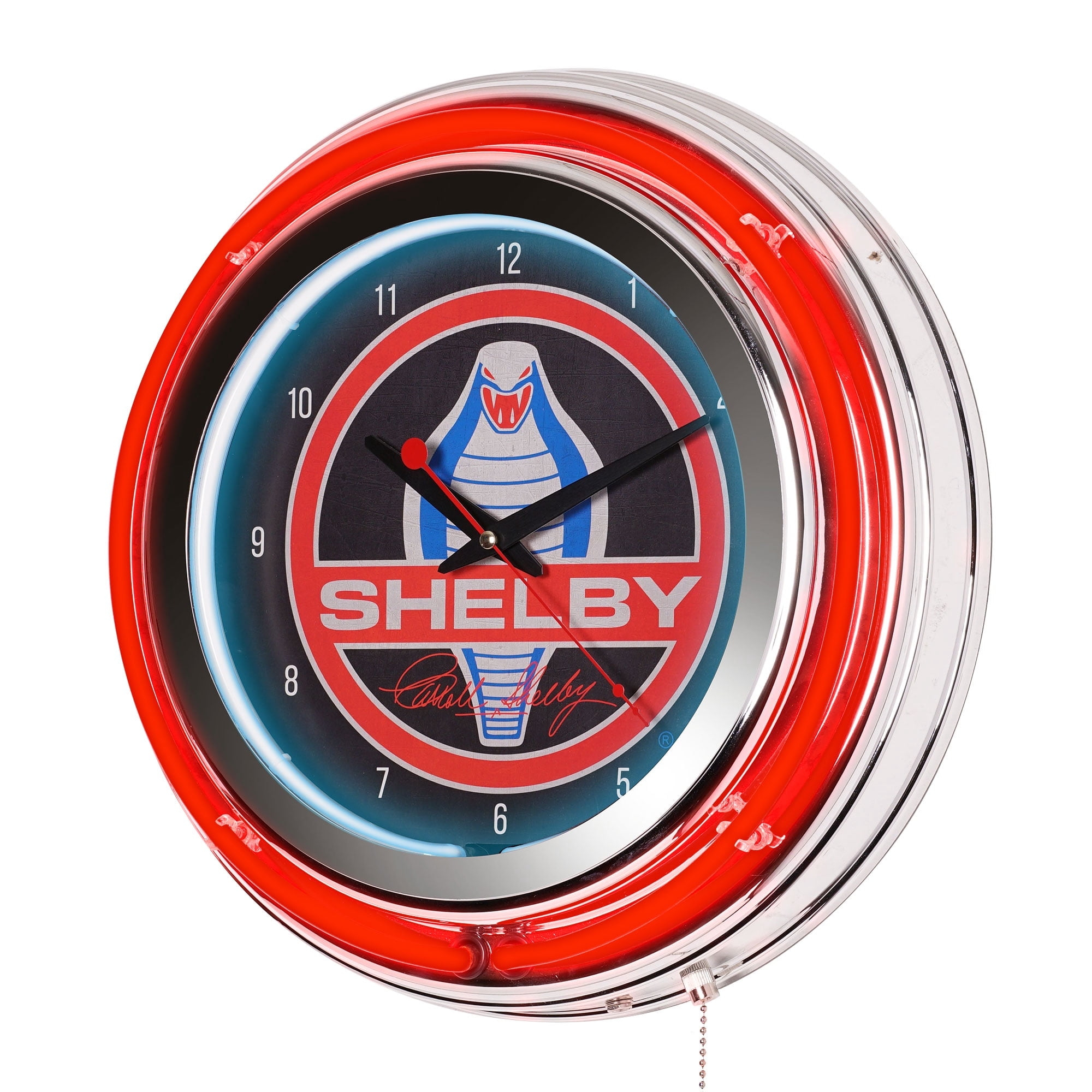 American Art Decor Wood Shelby Retro Round Neon Wall Analog Clock with Pull Chain - 14.5"