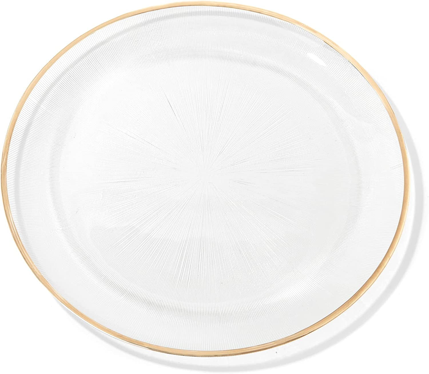 American Atelier, Round, Elite Glass Decorative Clear Charger Plate with Gold Rim, 12.6"