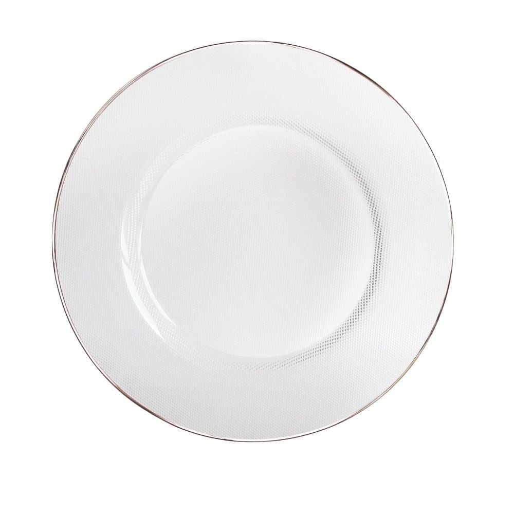American Atelier, Round, White Glass Decorative Charger Plate with Platinum Gold Rim, 13"