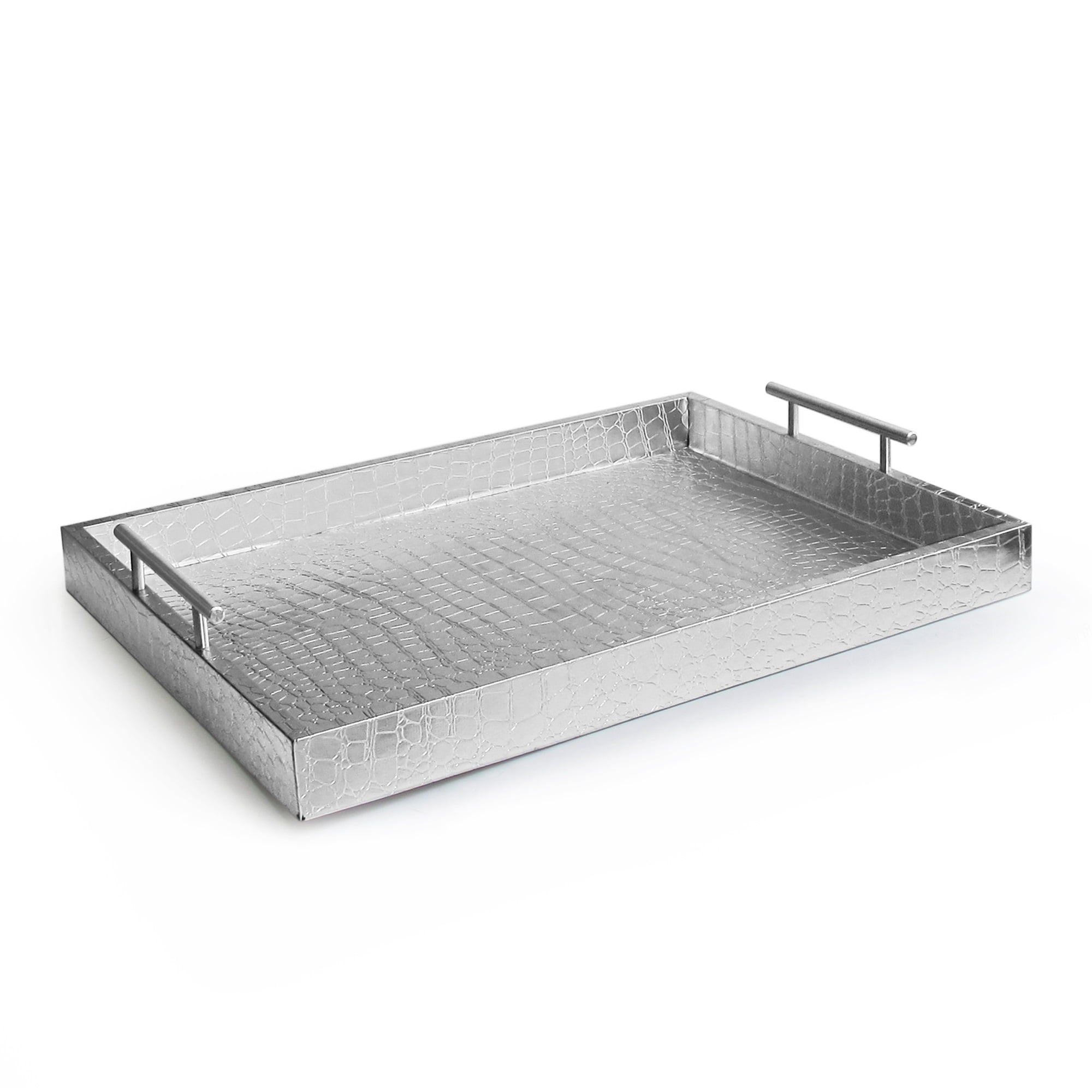 American Atelier, Silver Polyurethane Leather Alligator Rectangular Serving Tray with Handle, 14x19"
