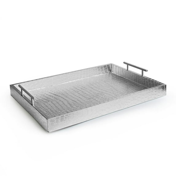 American Atelier, Silver Polyurethane Leather Alligator Rectangular Serving Tray with Handle, 14x19"