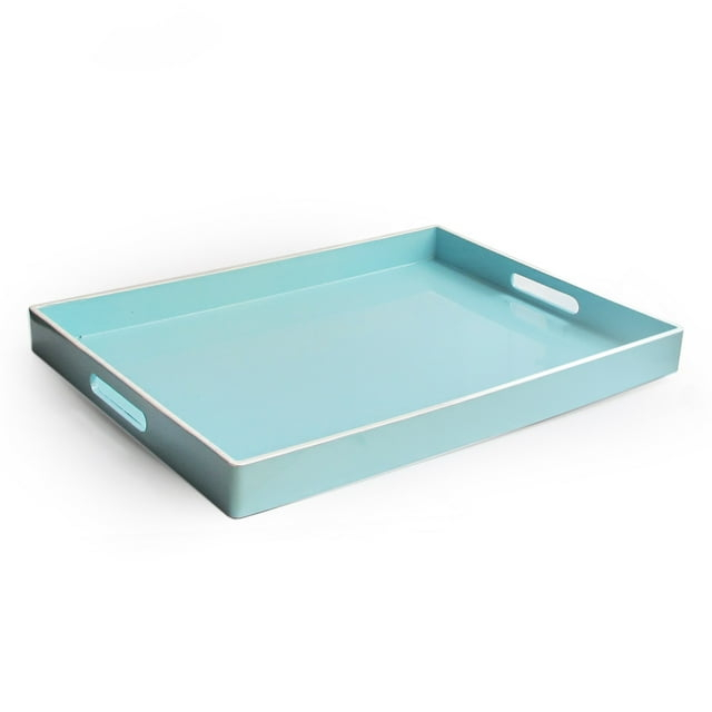 American Atelier, Teal with White Rim, Polypropylene Rectangular Serving Tray with Handles, 14X19"