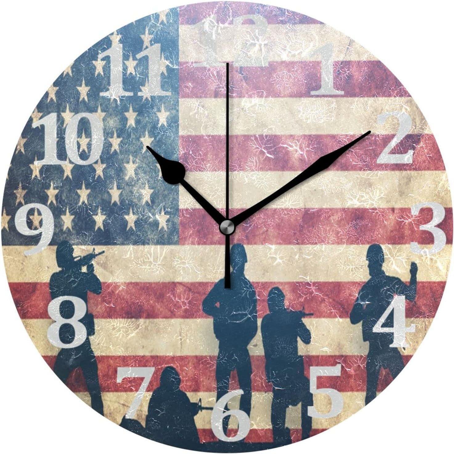 American Flag Wall Clock Round Vintage Silent Non Ticking Battery Operated Accurate Arabic Numerals Design Decorative for Home Kitchen Living Room Bedroom 10 Inch