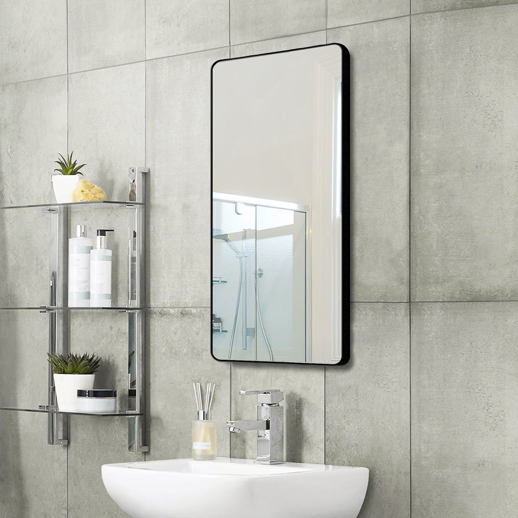 Black Framed Rounded Corner Mirror, Black