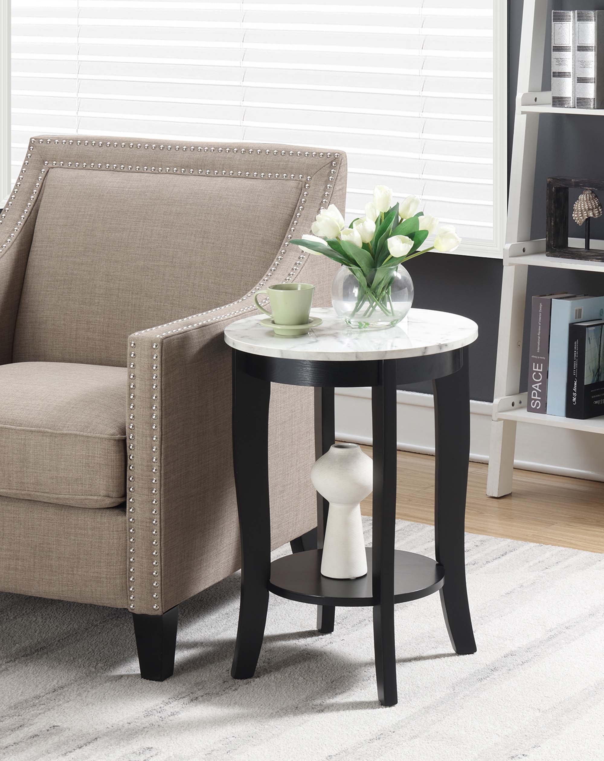 American Heritage Round End Table, White Faux Marble & Black - 24 x 17.75 x 17.75 in.