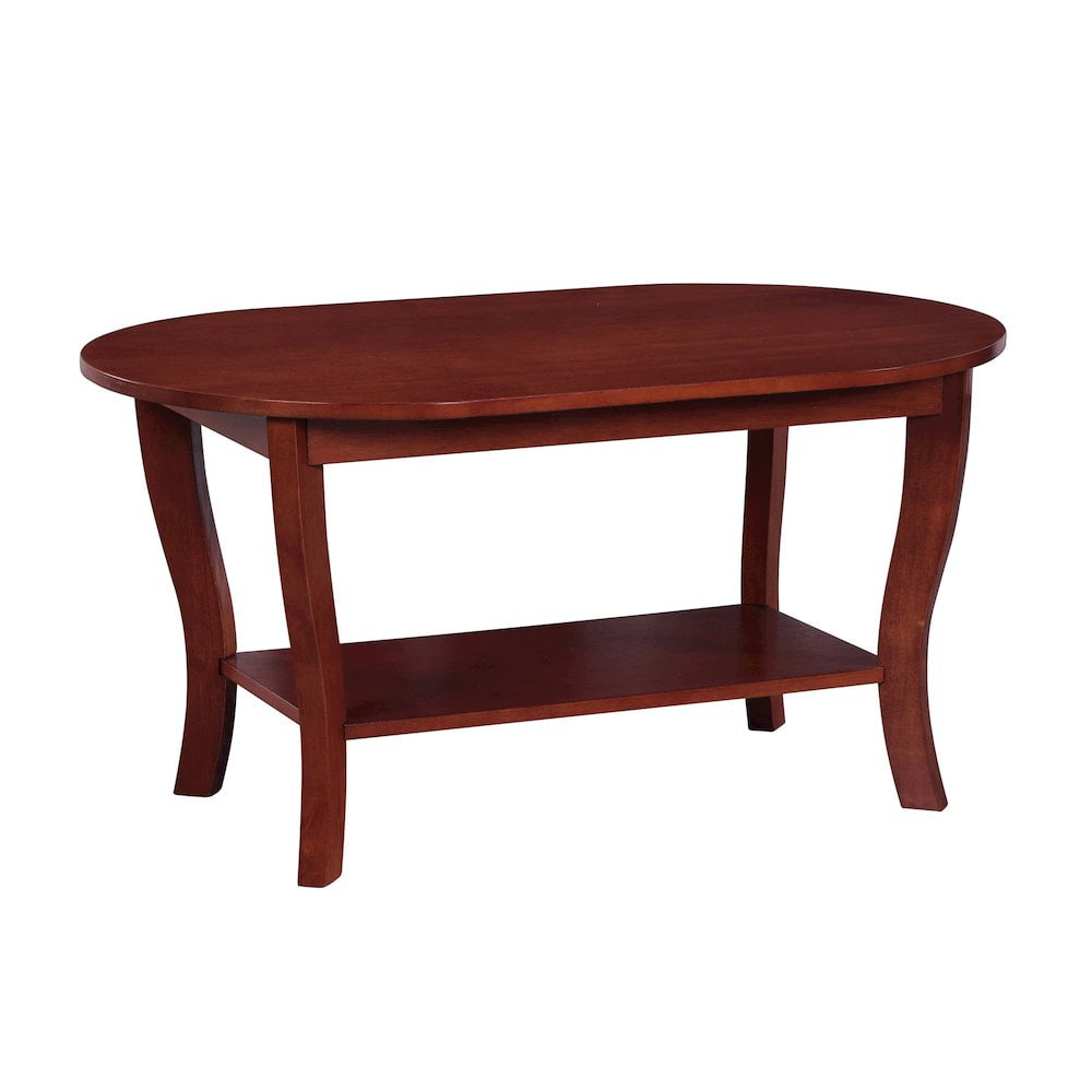 American Heritage Oval Coffee Table with Shelf in Mahogany Wood Finish