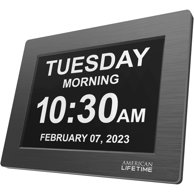 American Lifetime, Premium Version, Day Clock Extra Large Impaired Vision Digital Clock with Battery Backup and 5 Alarm Options, Limited Edition Black Polished Metal Frame