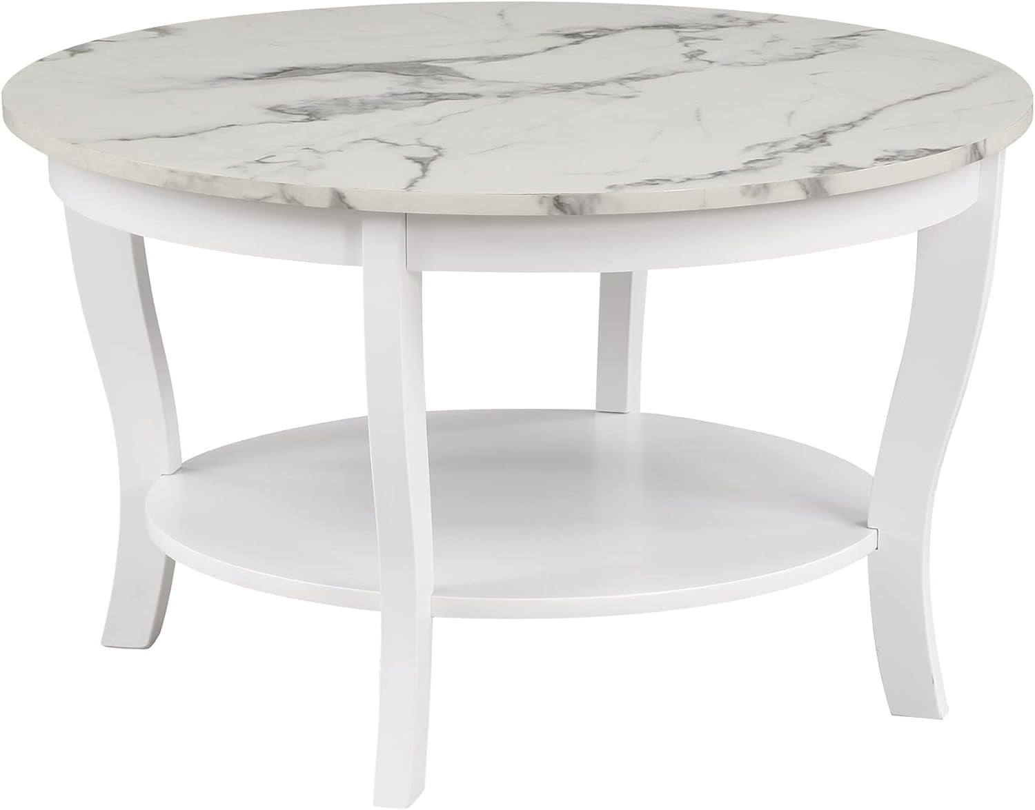 Convenience Concepts American Heritage Round Coffee Table with Shelf, White Faux Marble/White