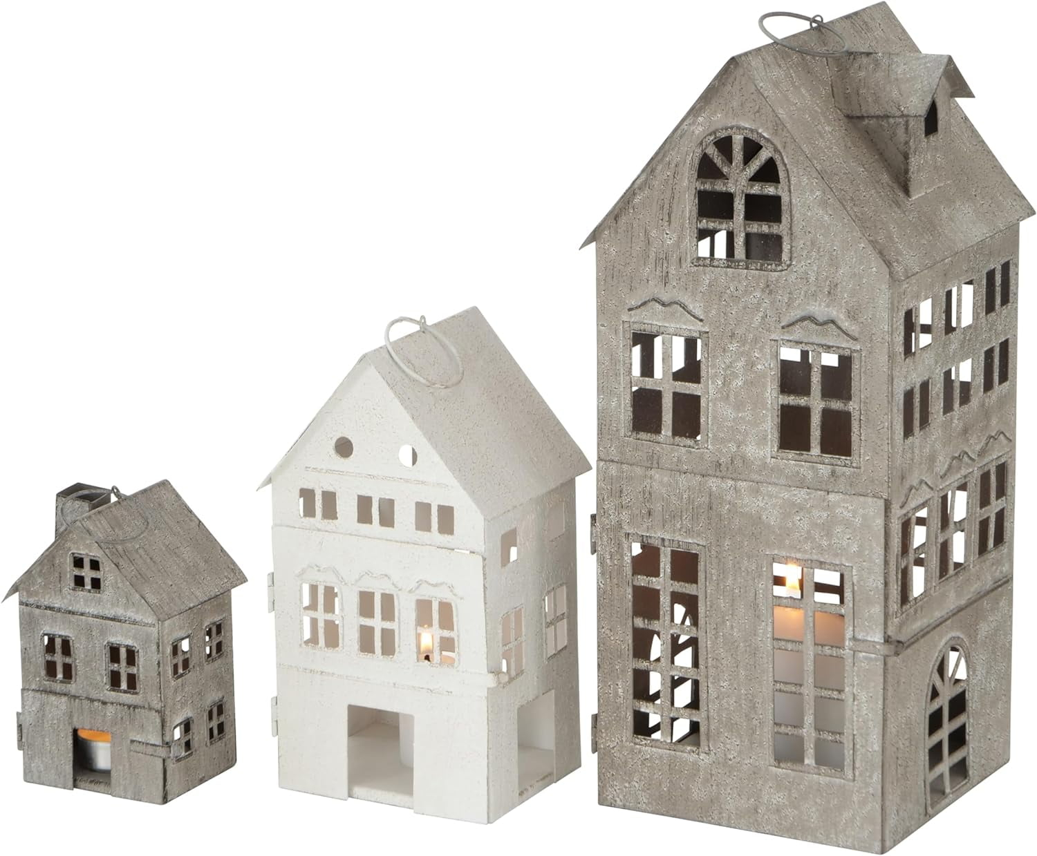 Americana Main Street Town House Candle Lanterns, Set of 3, Vintage Style, Weathered White and Rustic Gray, Metal, Hinged Doors, 14 1/2, 8 3/4 and 5 1/8 Inches Tall